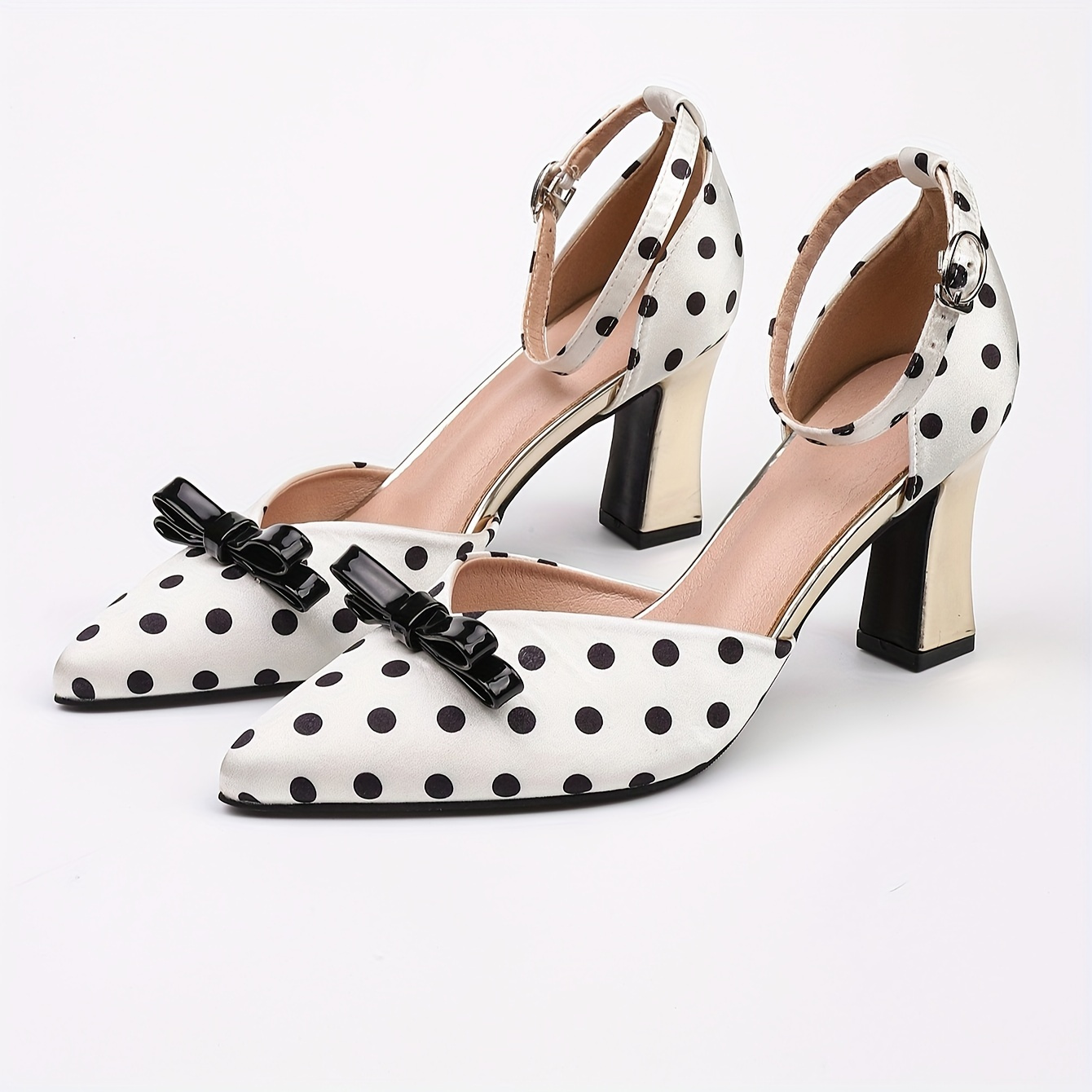 

Women's Polka Dot Pumps, Pointed Toe Chunky Heel Slingback With Adjustable Strap, Cut-out Vintage Preppy Style
