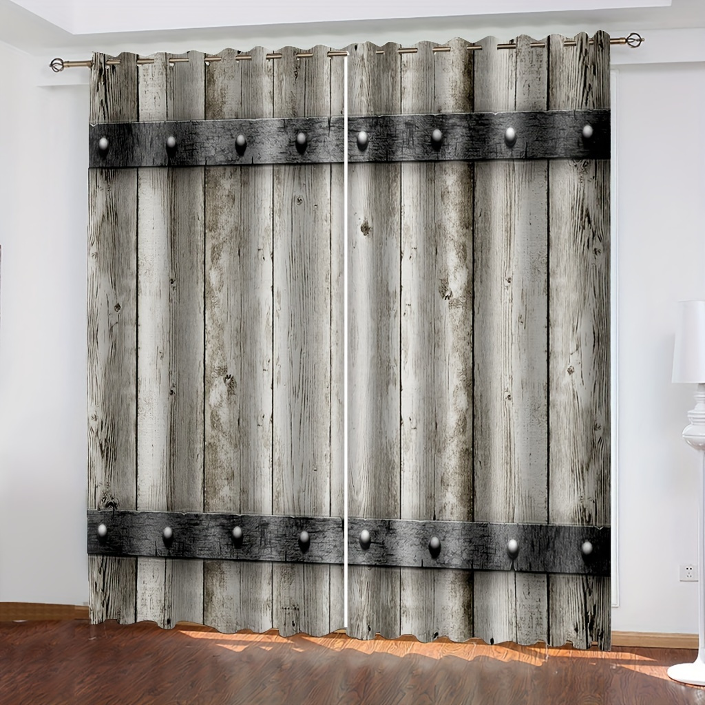 

2pcs, Old-fashioned Wooden Barn Door Antique Vintage , Old Wooden Digital Printing Living Room Curtains, 12 Hole Punch Curtains Living Room Furniture Decoration