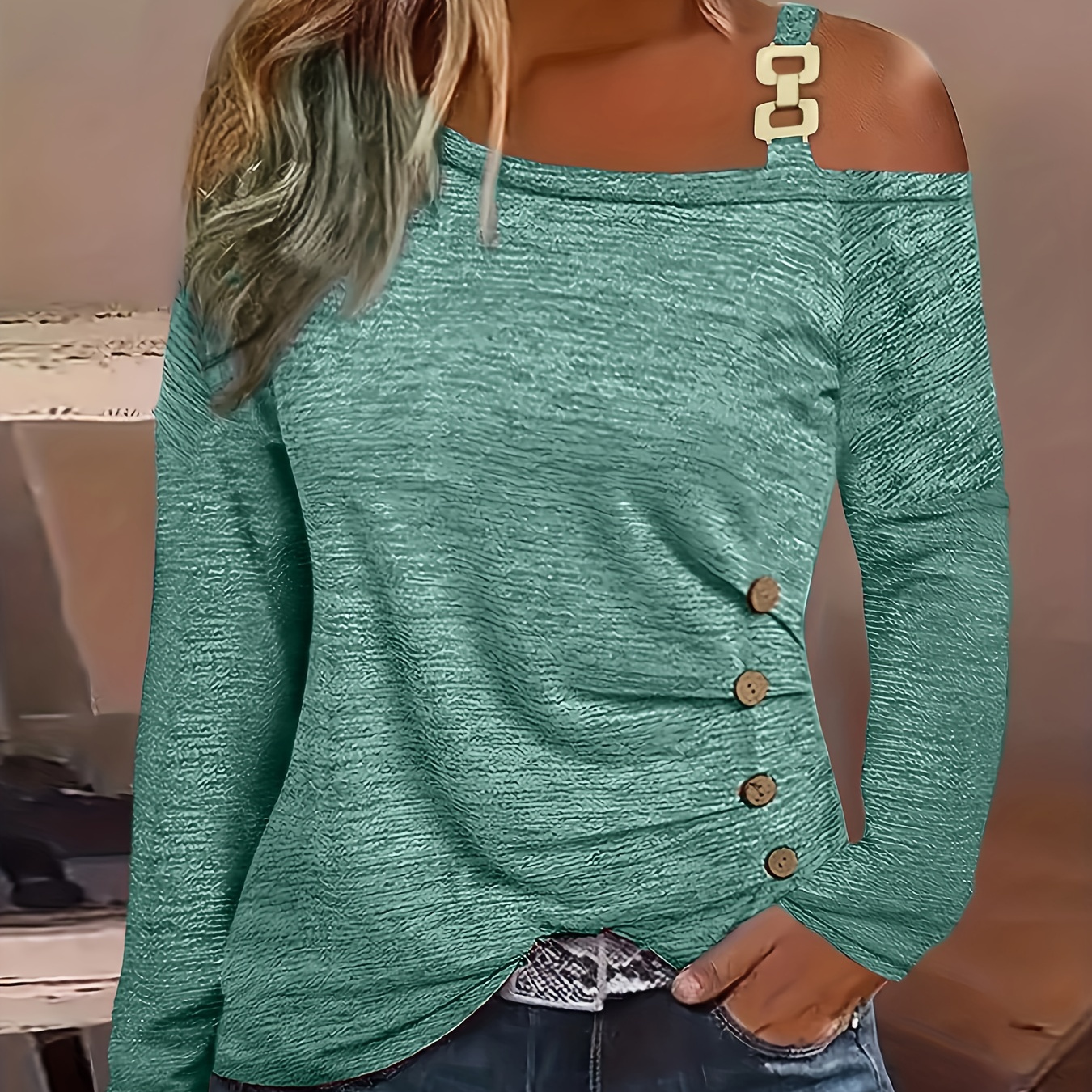 

Button Decor Cold Shoulder T-shirt, Casual Chain Detail Long Sleeve Shirt For Spring & Fall, Women's Clothing