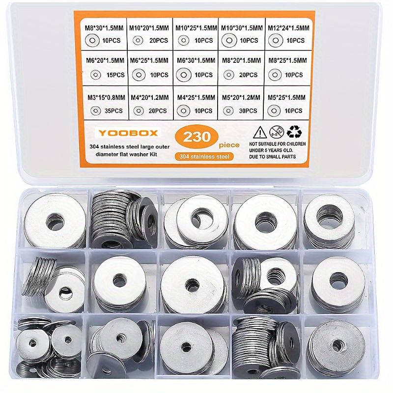 

230-piece Stainless Steel Flat Washer Set - 304 Grade, Assorted Sizes M3 To M10, Galvanized Finish