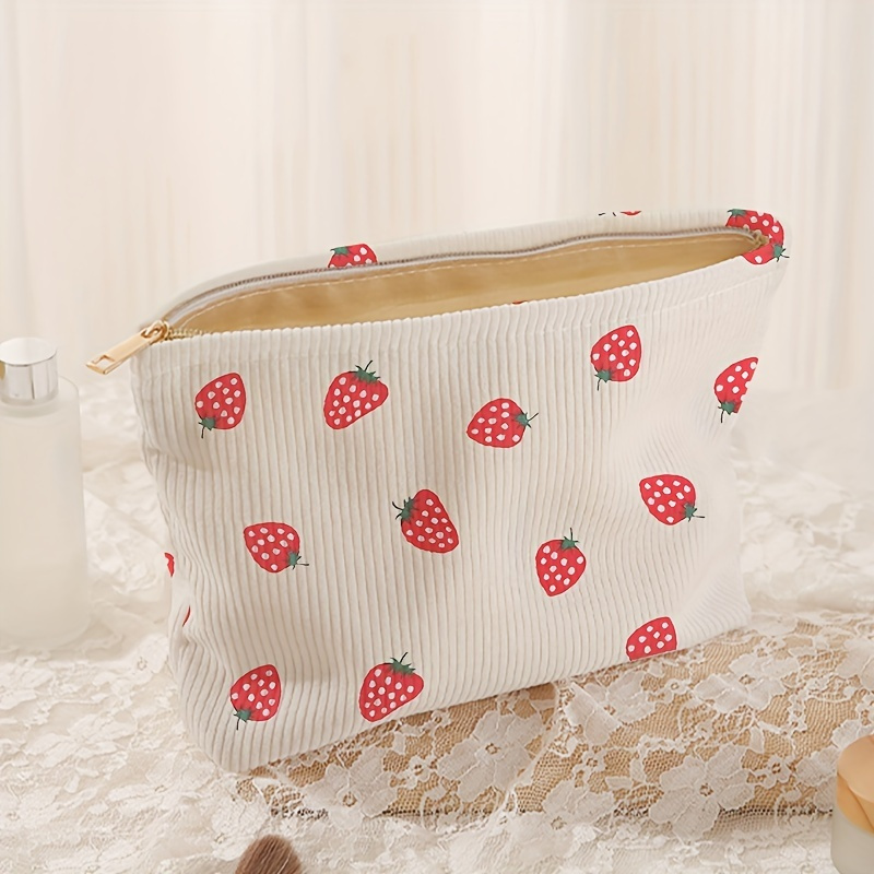 

Strawberry Pattern Corduroy Makeup Bag, Sweet Style Lightweight Zipper Cosmetic Storage Bag, Great Birthday Gift For Women - Mother's Day Gifts