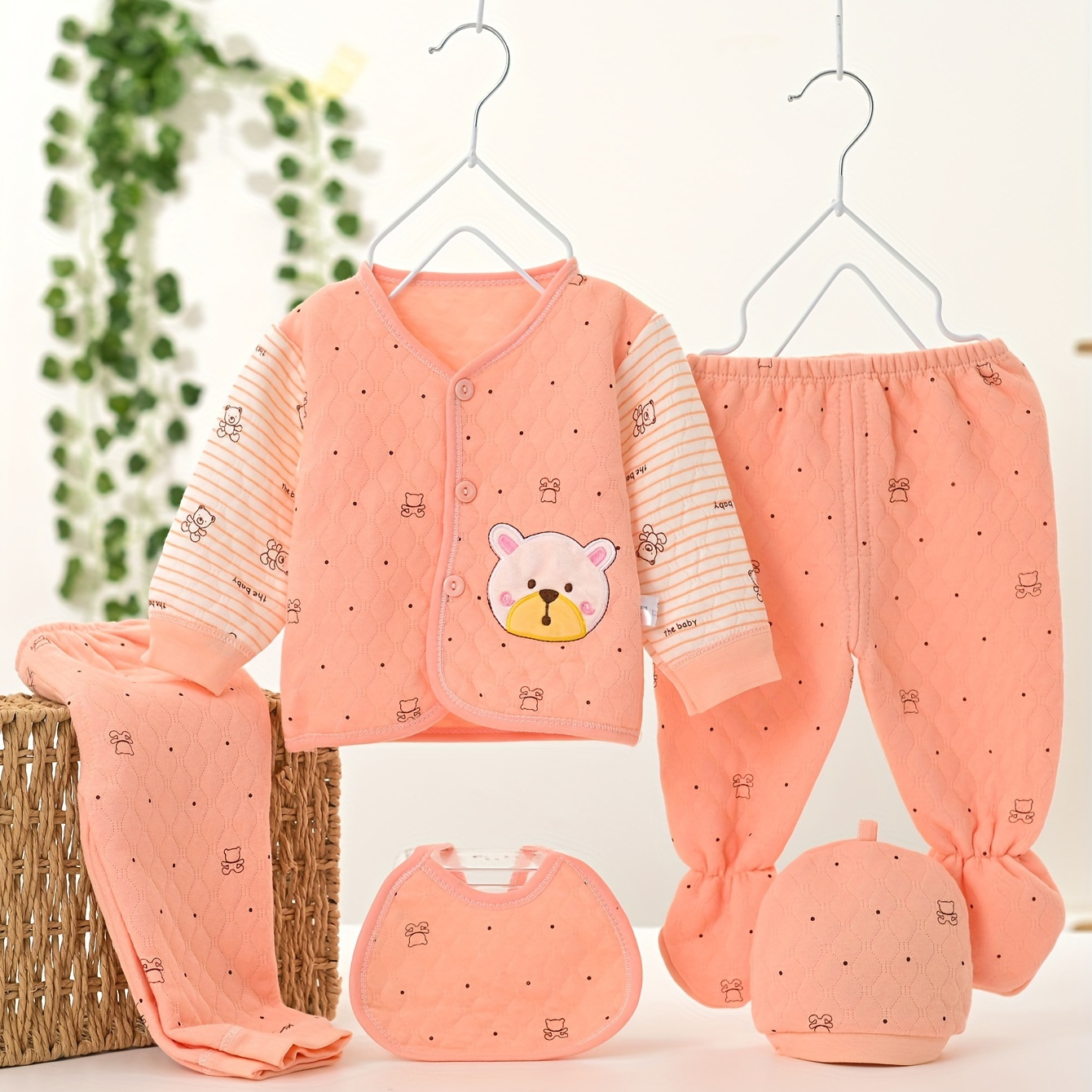 

5pcs Baby Boy's Bear Embroidered Warm Outfit, Thermal Long Sleeve Top & Bib & Footed Pants & Hat & Pants Set, Newborn's Clothing For Fall Winter, Top As Gift
