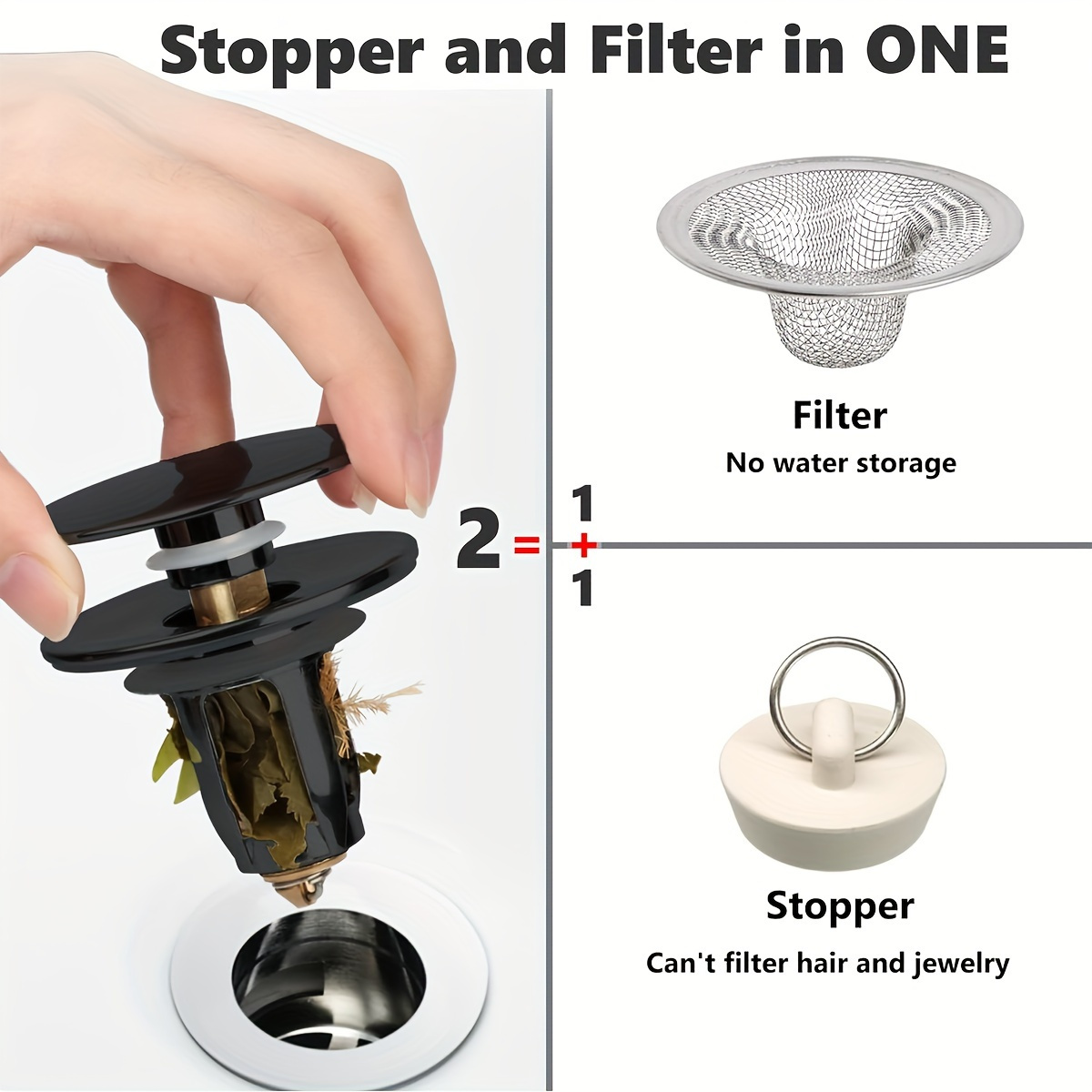 

1pcs Universal 2-in-1 Bathroom Sink Drain Stopper And Strainer, Hair Catcher Basket, Non-electric Pop-up Drain Filter, Solid With Heavy-duty Spring - Fits 1.1-1.5 Inch Drain Holes