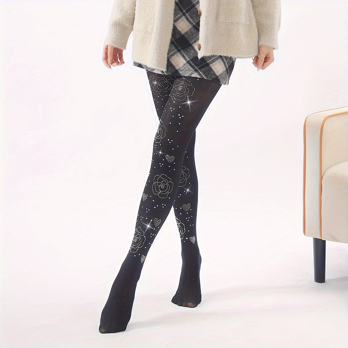 Floral Heart Pattern Tights Glitter Rhinestone Slim Fit - Temu