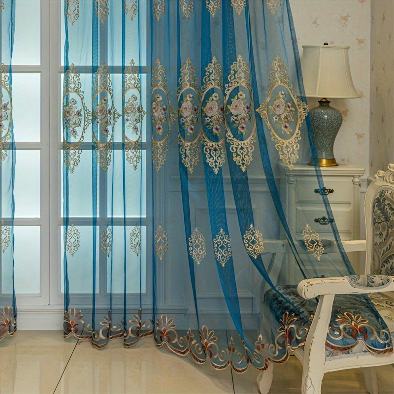 

2pcs Elegant European Blue Floral Sheer Curtains - Uv Protective, Lightweight Polyester With Rod Pocket Room, Bedroom, Dining Area, Office & Balcony Decor