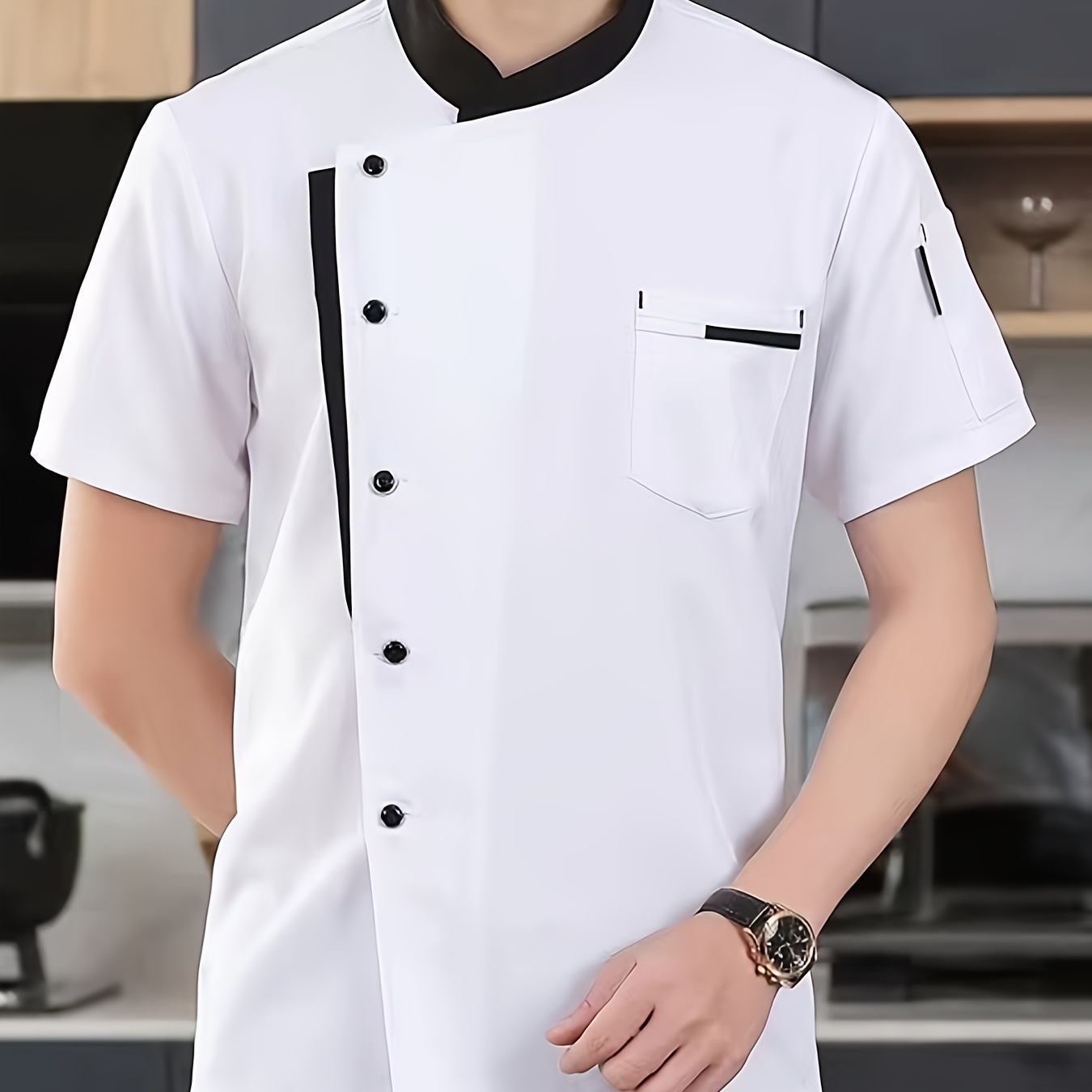

Men's 100% Cotton Chef Coat With Chest Pocket, Formal Color Matching Short Sleeve Button Up Crew Neck Coat For Kitchen Baking Chef Works In Restaurant