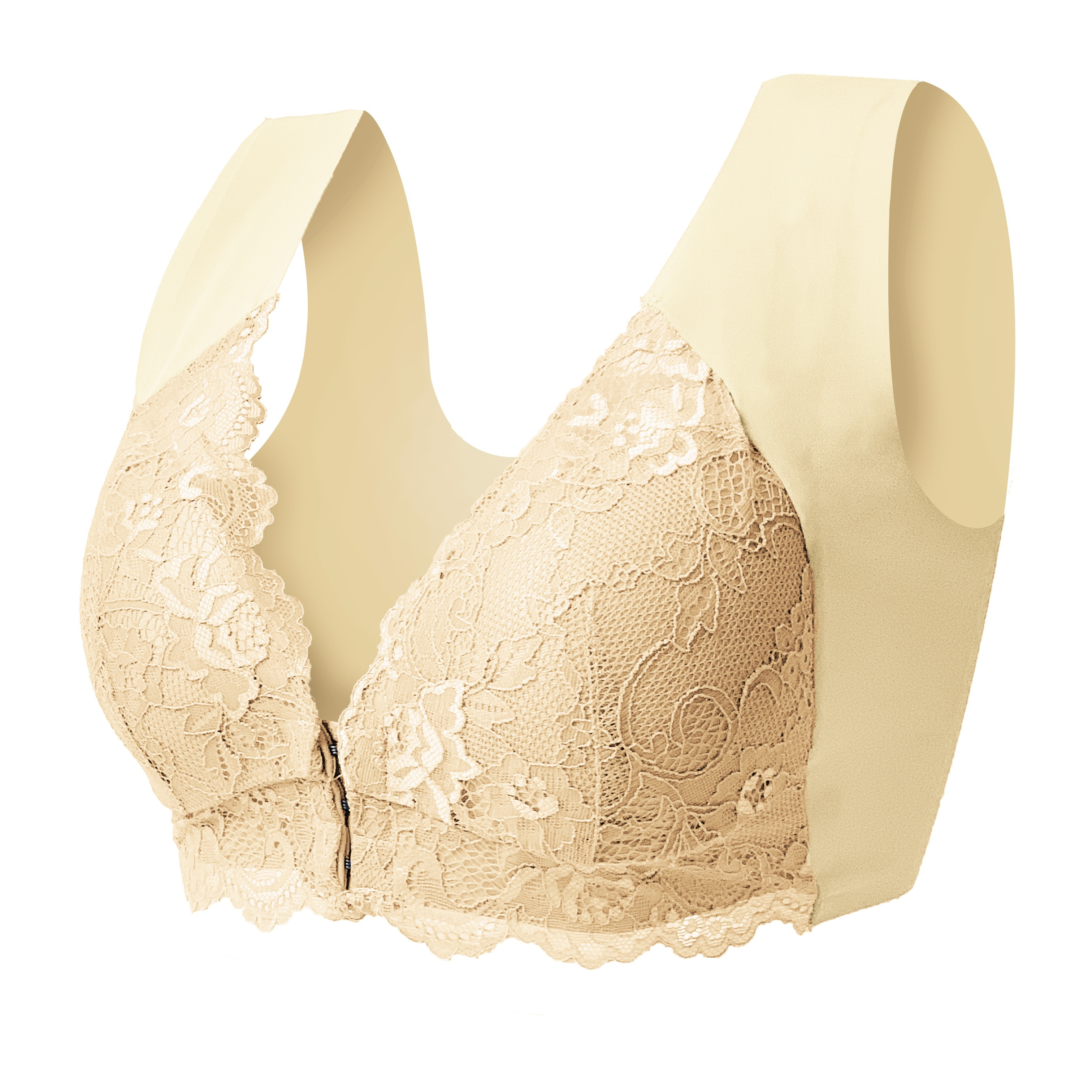 Simple Solid Contrast Lace Buckle Front Bra Comfy Breathable