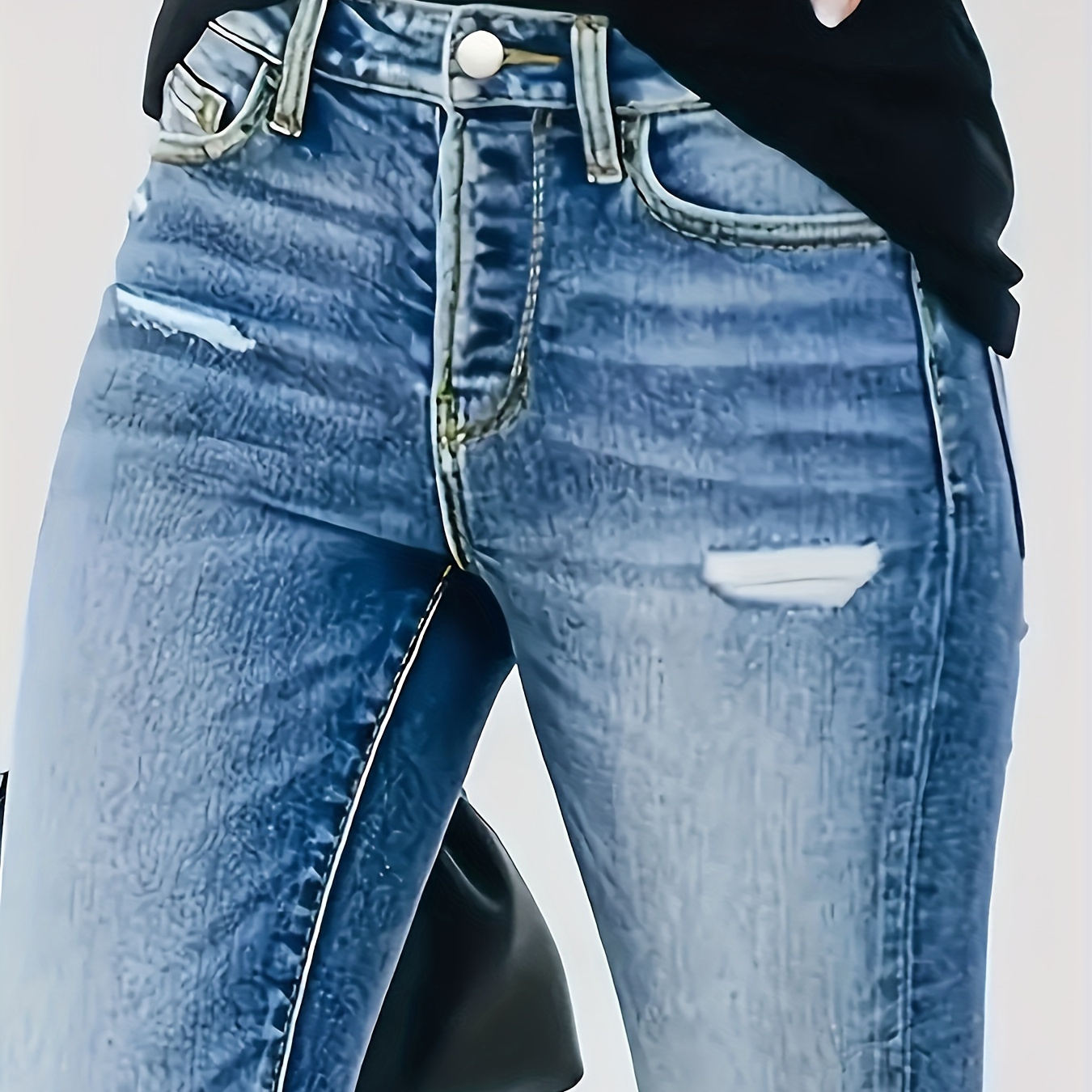 

Plain Ripped Classic Skinny Fit Denim Jeans For Women, High Waist, Stretchable, Casual Style, Blue Distressed Denim