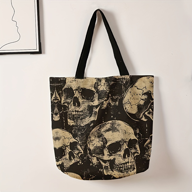 

Skull Pattern Double-sided Printed Casual Tote Bag, Lightweight Large Shopping Bag, Fashion Canvas Shoulder Bag