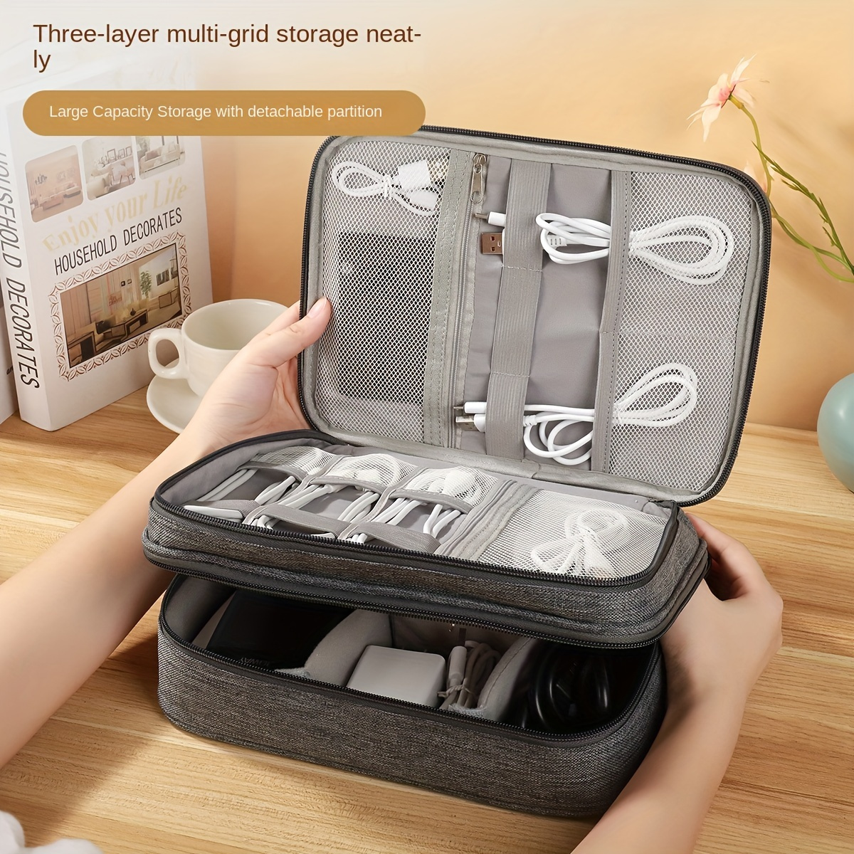 

3 Layer Data Cable Storage Bag, Portable Charger Usb Organizer, Packing Cube For Travel