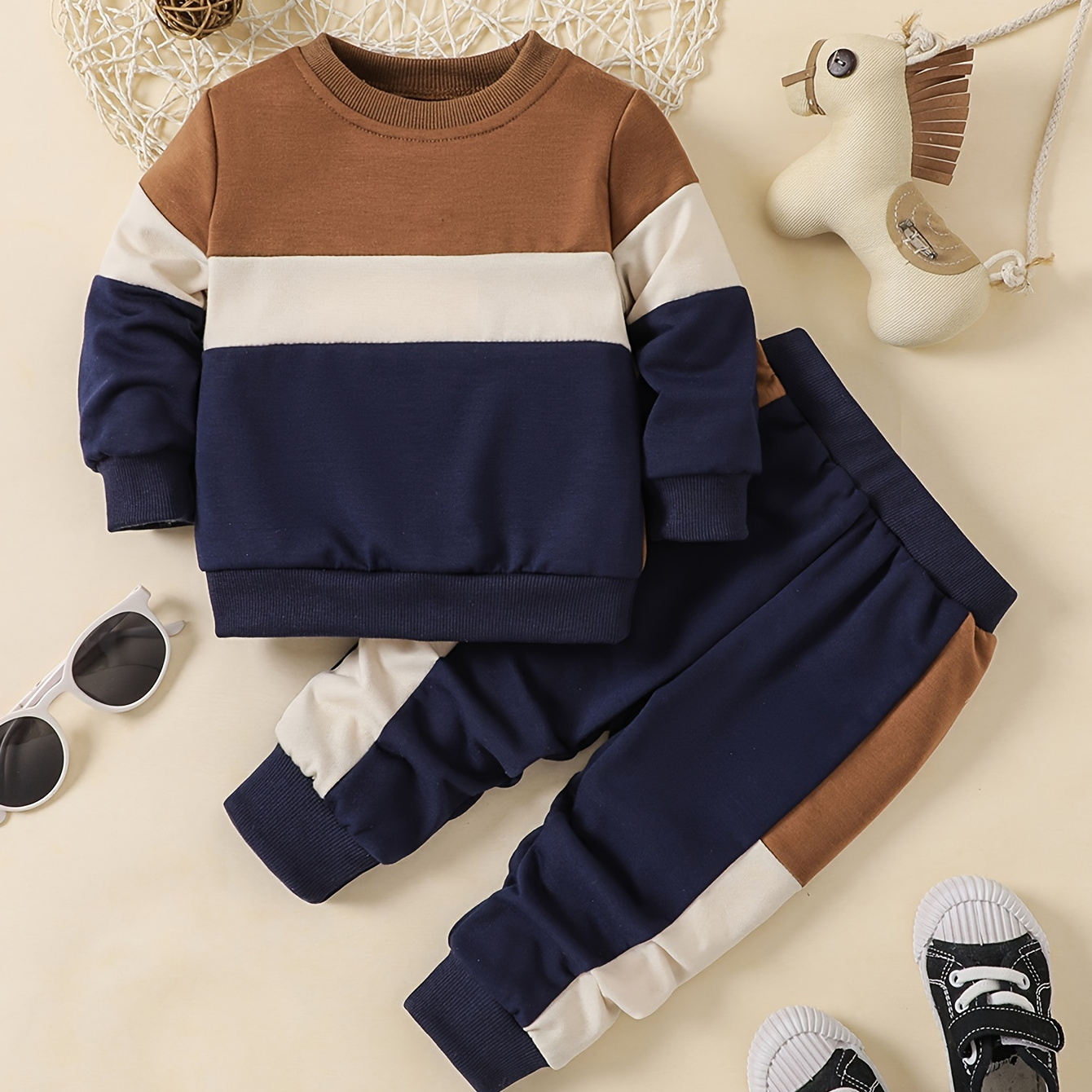 

2pcs 's Stitching Sweatshirt & Pants, Toddler & Infant Boy's Clothing Set, Cloth