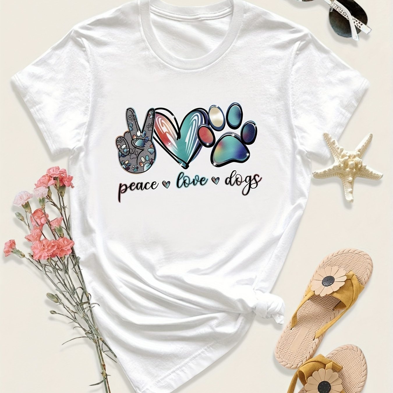 

Plus Size Hand & Heart Print Short Sleeve Pullover T-shirt, Women's Plus Slight Stretch Round Neck Casual Tee