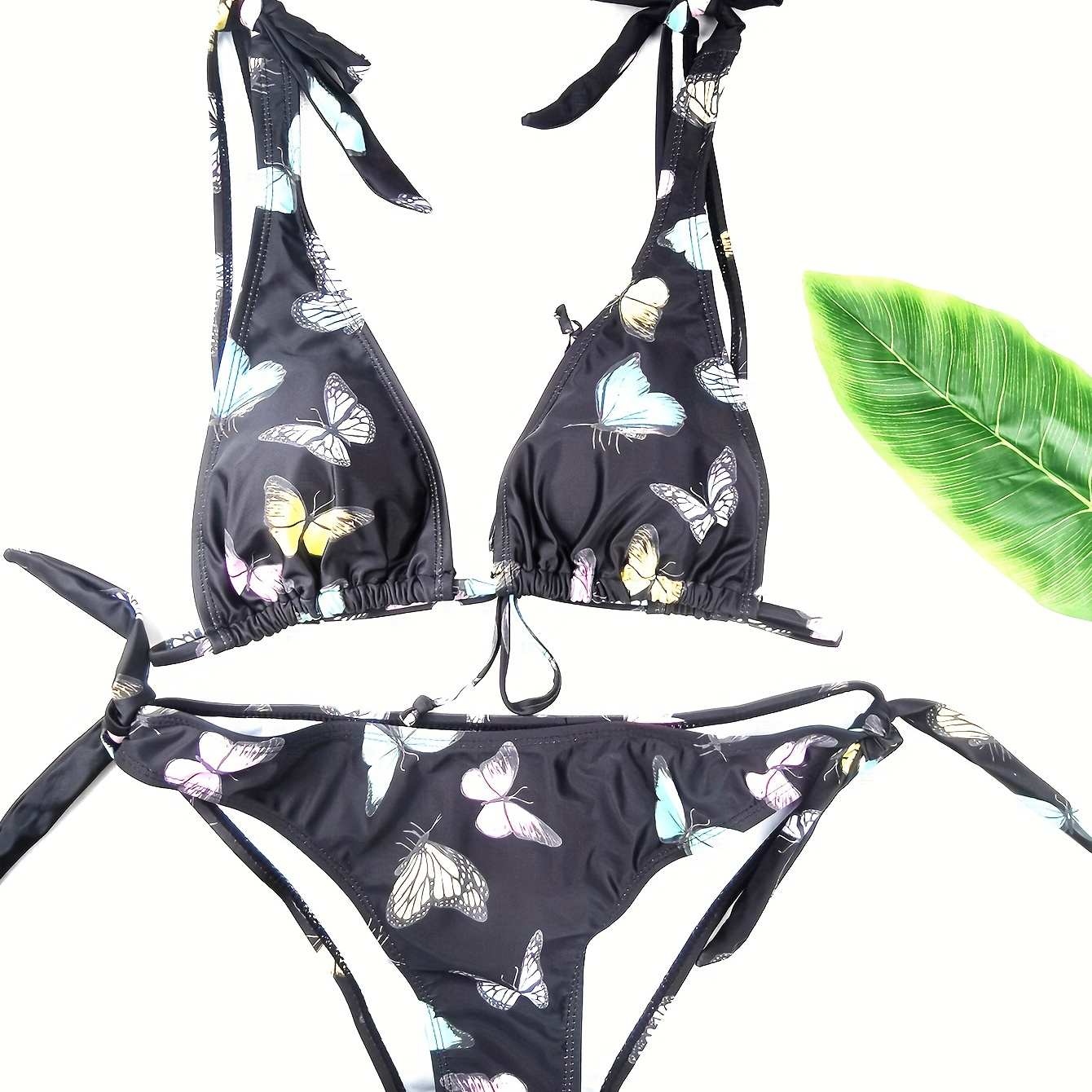 

Butterfly Print Triangle Bikini Sets, Tie Shoulder Straps Knot Side High Cut 2 Piece Swimsuit, Women's Swimwear & Clothing