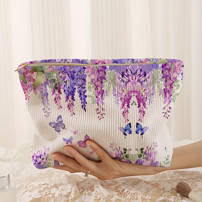 

Chic Purple Floral & Butterfly Corduroy Makeup Bag - Lightweight, Zippered Cosmetic Pouch With Lining For Toiletries