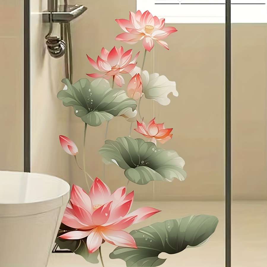 

Contemporary Lotus Flower Wall Stickers - Polyvinyl Chloride Reusable Floral Decals, Matte , Self-adhesive For Glass , Translucent Frosted Design, Detachable Space-themed Oblong Decor