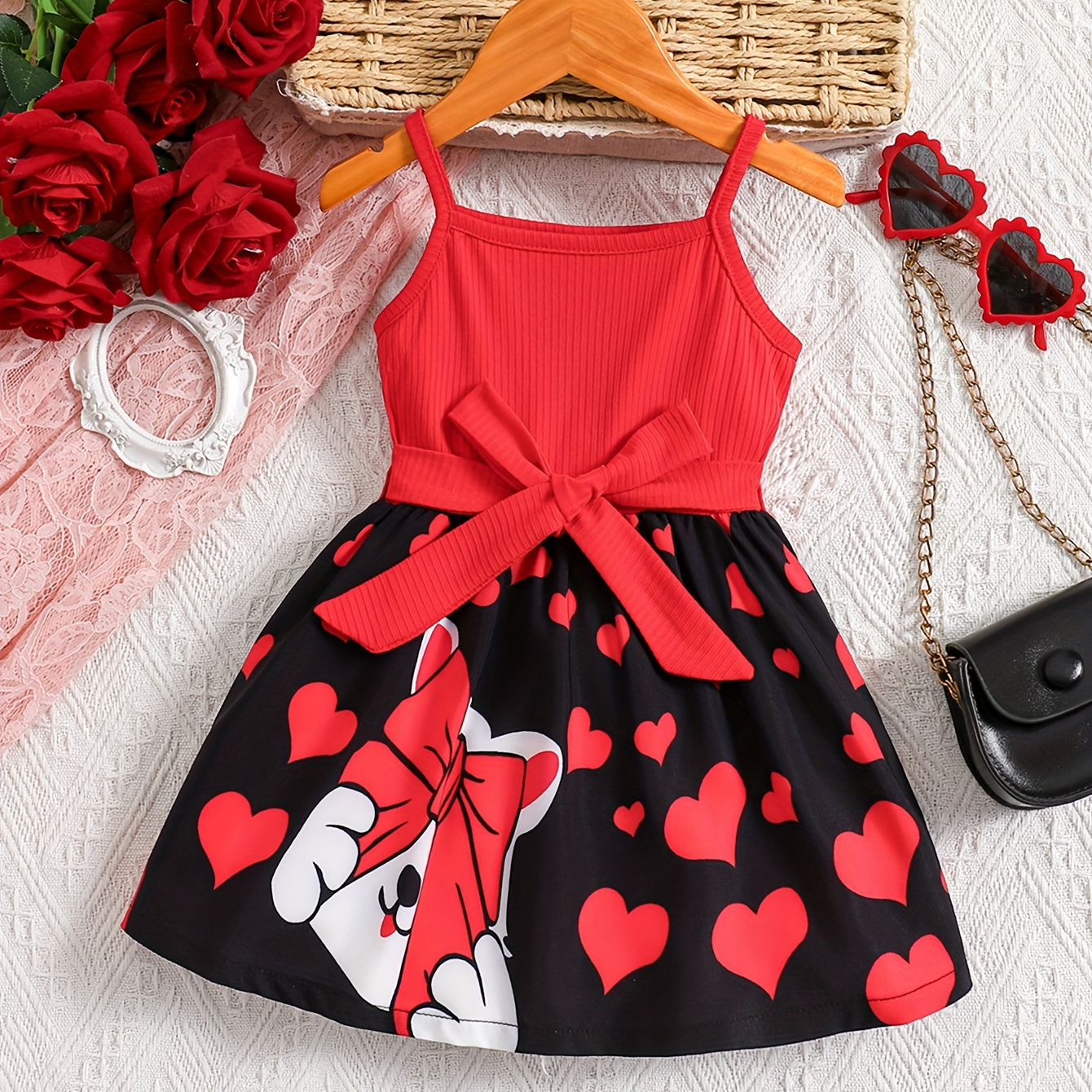

Baby's Cartoon Cat & Heart Pattern Cami Dress, Lovely Casual Belted Sleeveless Dress, Infant & Toddler Girl's Clothing For Summer/spring, As Gift