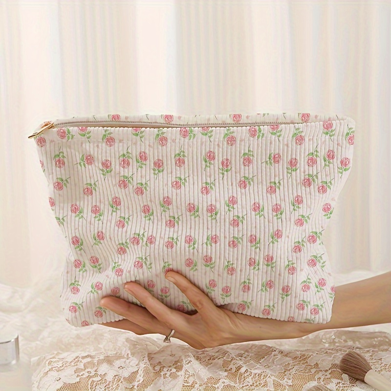 

Floral Pink Pattern Corduroy Zipper Pouch, Lightweight Makeup Bag, Multifunctional Toiletry Organizer