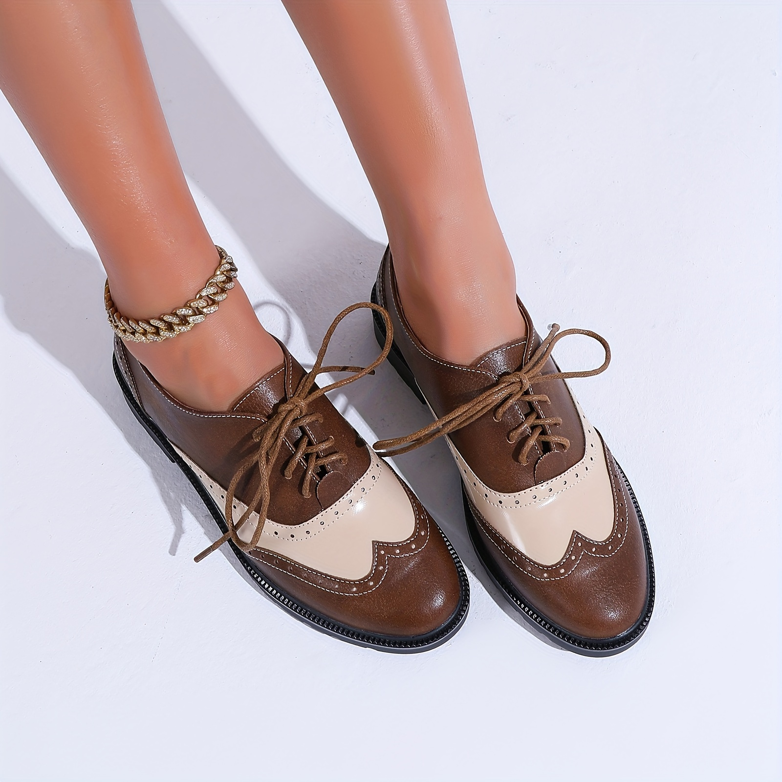 

Women's Vintage Brogue Oxfords, Retro Contrast Color Lace Up Loafers, All-match Flat Shoes