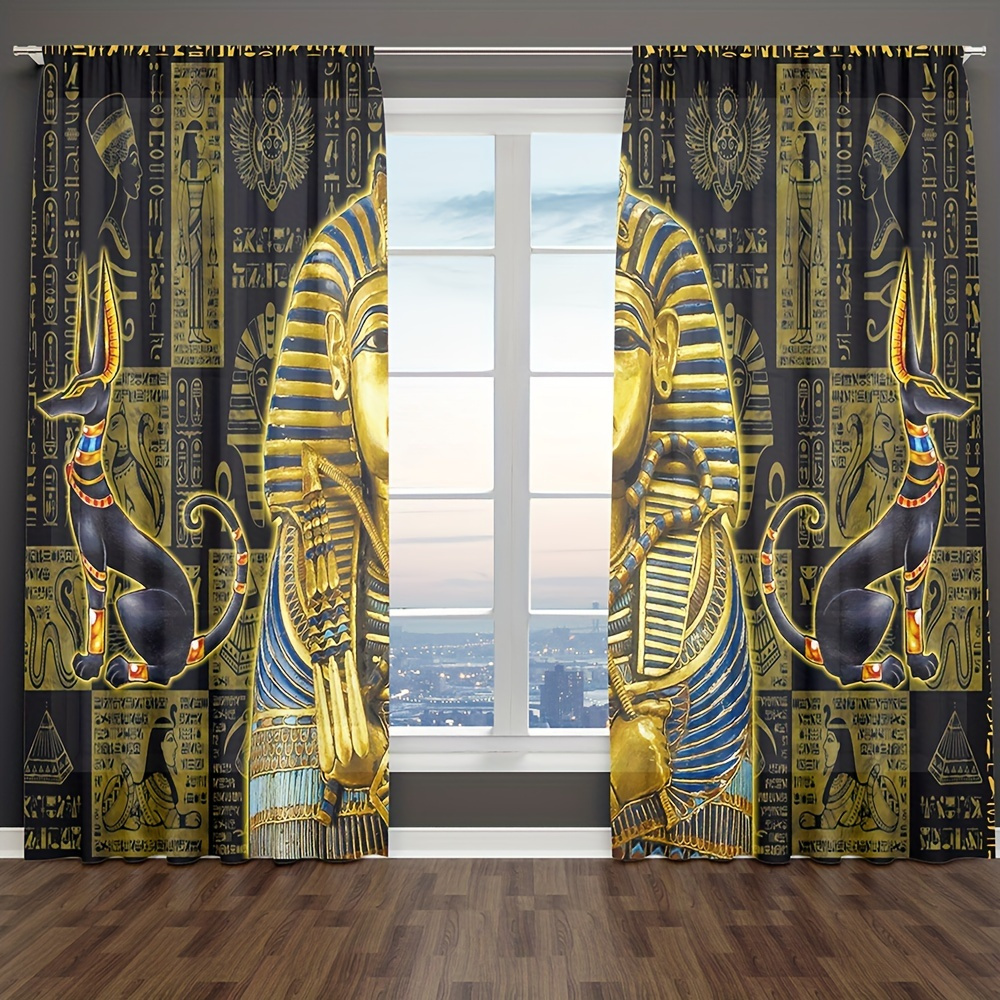 

2pcs Set Of Luxurious Golden Print Curtains - Vintage Style, Fade-resistant Polyester With Rod Pocket Installation, Semi-transparent For Living Room, Bedroom, Kitchen, Study, Dining Room Decor