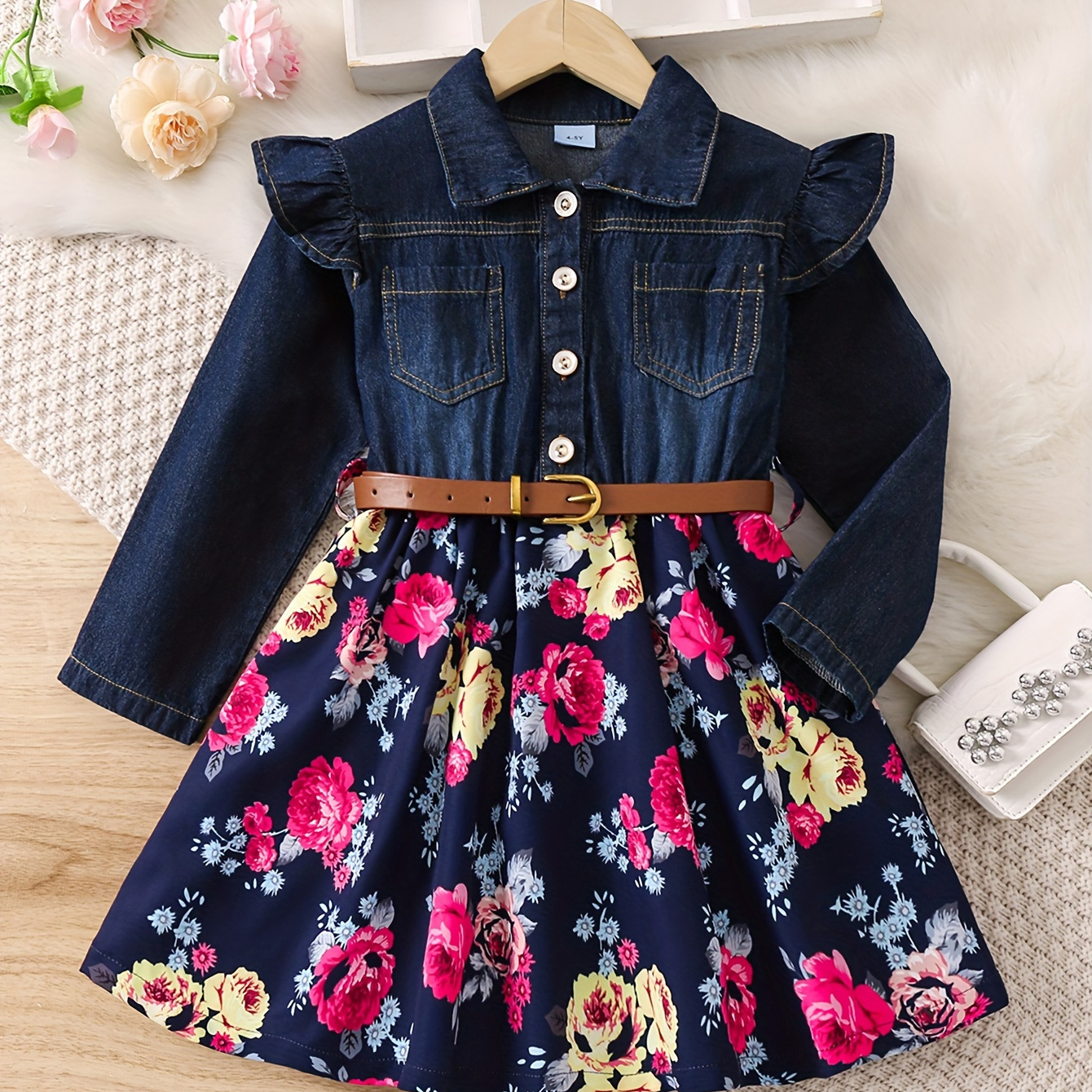 

Girls Casual Flower Print Denim Dress Button Decor Flutter Trim Long Sleeve Belted Dress For Party Gift