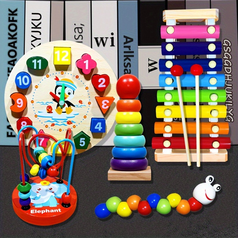 

Montessori 5-in-1 Wooden Toy Set For Toddlers - Includes Xylophone, Educational Clock, For Caterpillar Shape, Building Blocks & Focus Exercise Toys - Perfect Gift For Ages 0-3