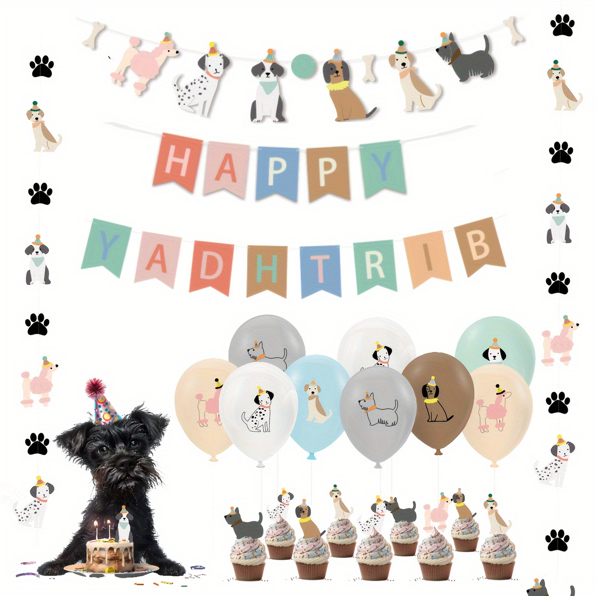 

Pet-themed Paper Banner Set For Dog Birthday Party Decorations - Mixed Color Cartoon Design Balloons, Cake Toppers, And Room Decoration Supplies