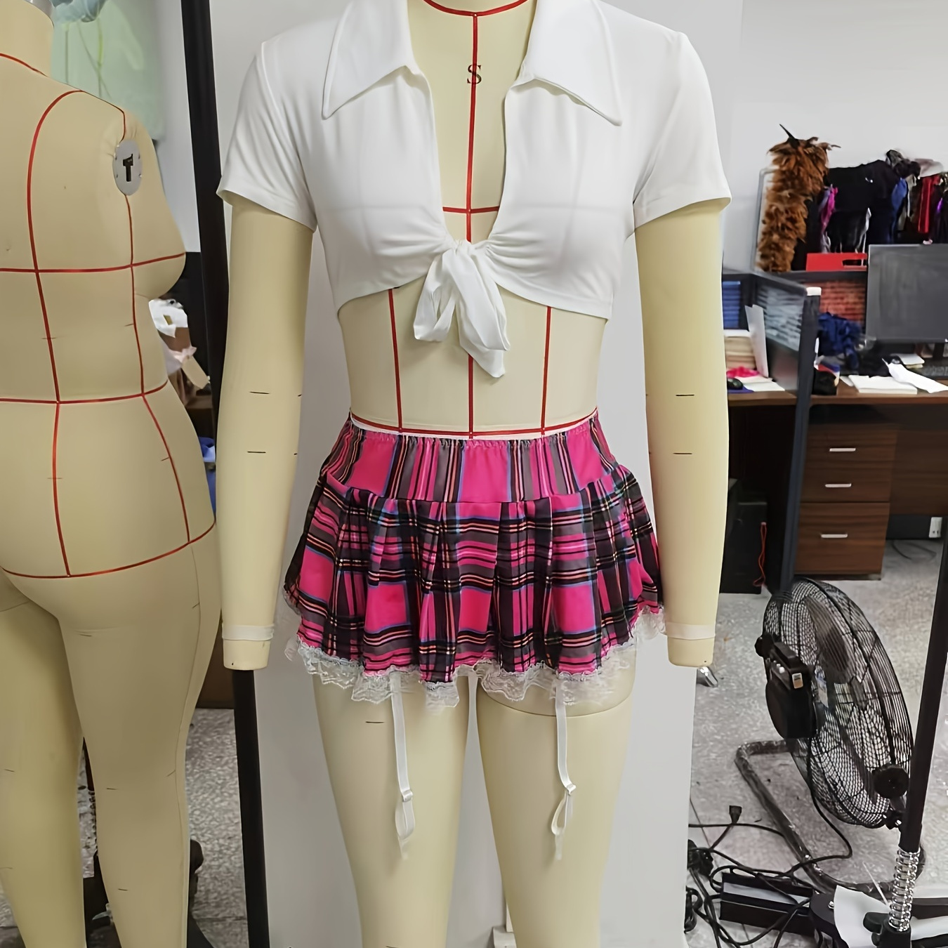 Naughty Role-Play Costume, Short Sleeve Crop Top & Lace Trim Plaid Skirt, Women's Sexy Lingerie & Underwear