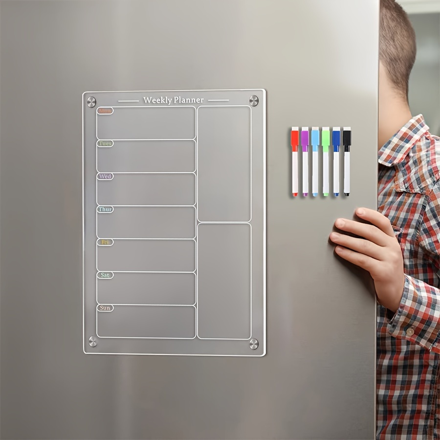 

Acrylic Weekly Planner Board - Magnetic, Reusable Calendar For Refrigerator With 6 Markers, English Writing, Clear Message Memo Planning Board