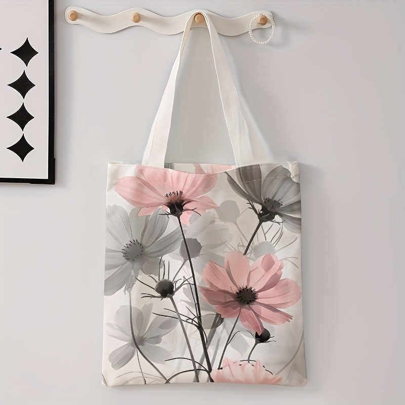 

Floral Pattern Printed Tote Bag, Fashionable Reusable Shoulder Bag, Versatile Polyester Handbag With No-closure, Lightweight Casual Shopper Bag With Letter Print