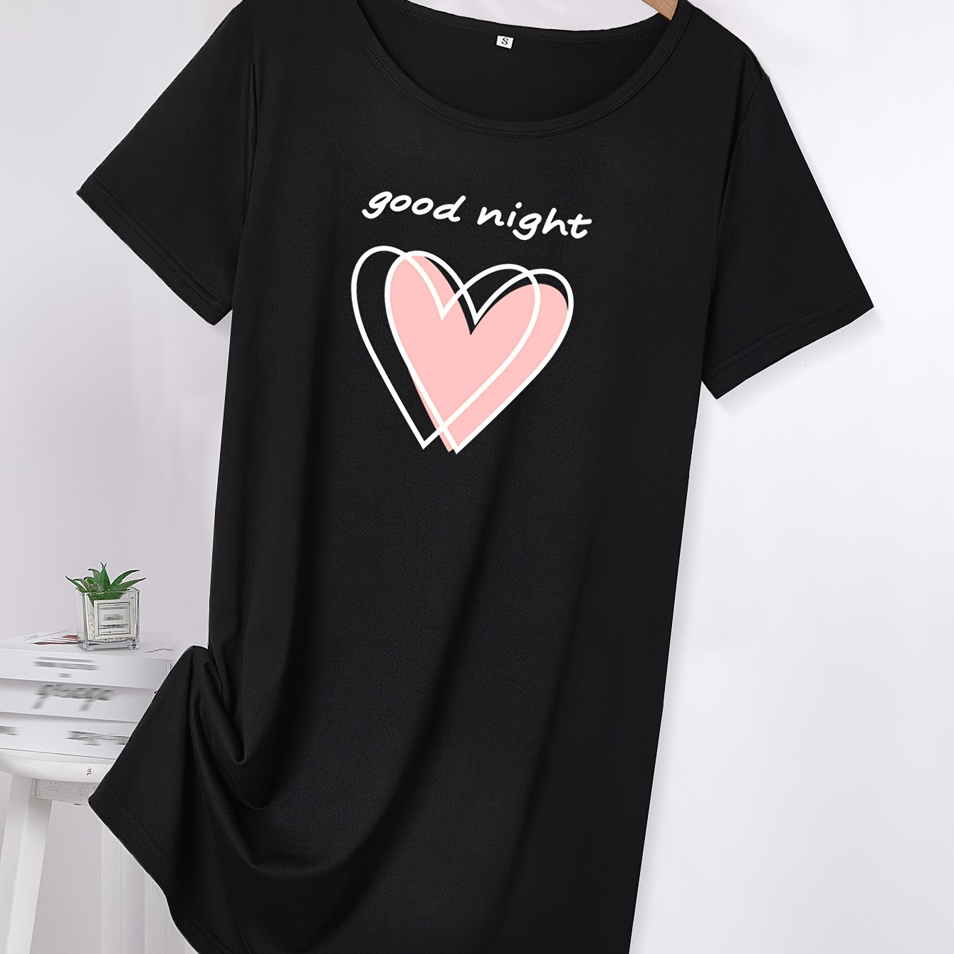 

Heart & Slogan Print Nightgown, Casual Short Sleeve Round Neck Loose Fit Tee Dress, Women's Sleepwear