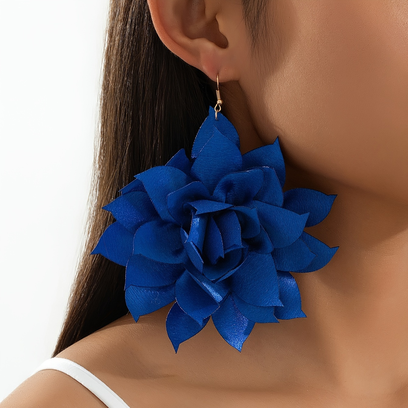 

Women's Bold Petal Layered Fabric Earrings, Royal Blue, Statement Floral Drop Dangle, Party Accessory, Fashion Jewelry