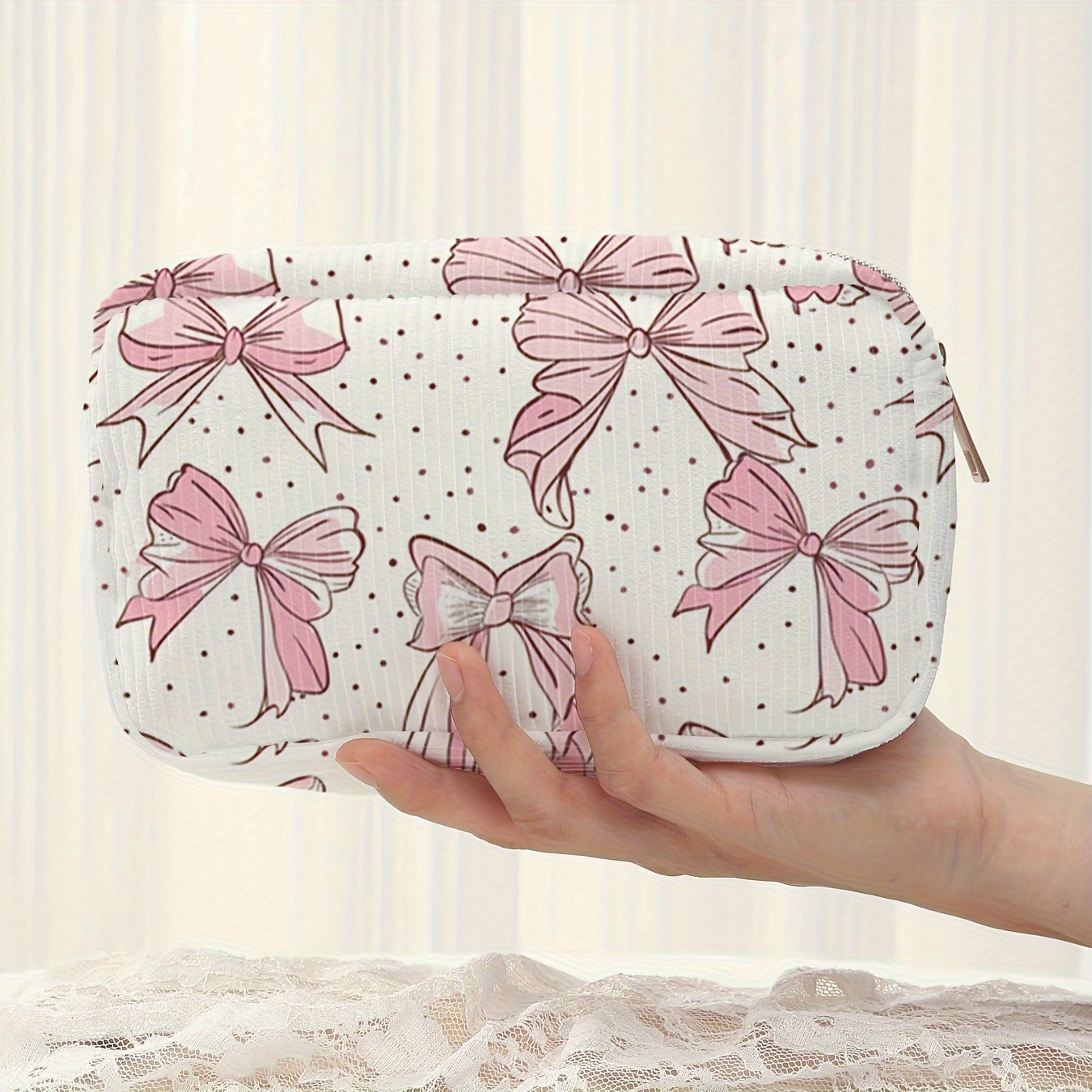 

Polyester Cosmetic Bag For Women With Bow Pattern Print - Non-, Durable Corduroy Travel Makeup Pouch For Lipstick And Brushes - Unscented, Chic Novelty Clutch Organizer With Zip Closure