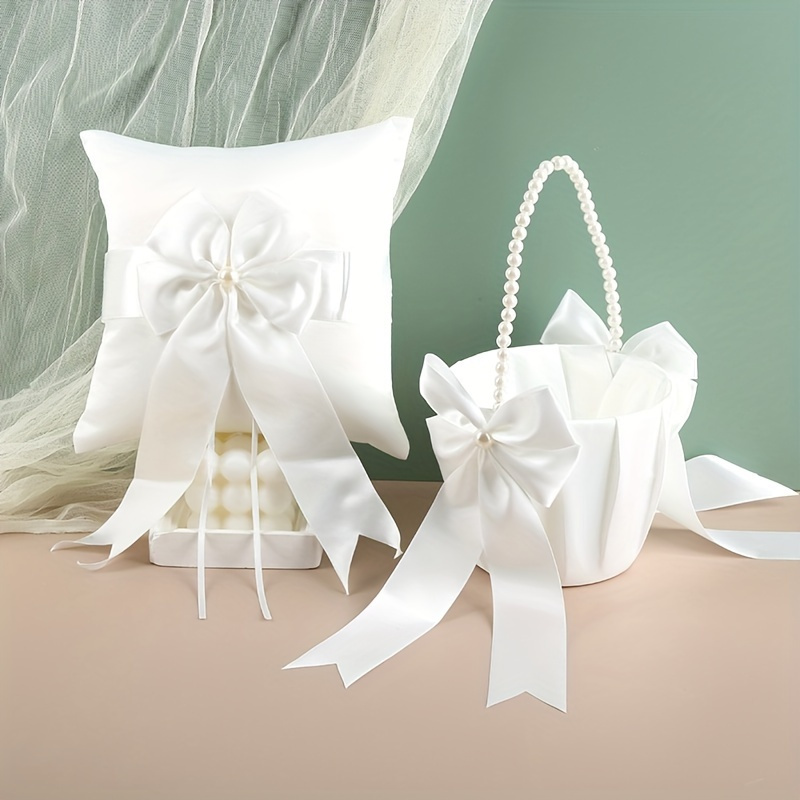 

Elegant Satin Wedding Flower Basket With Pearl Handle - Luxurious Handheld Ring Pillow For Ceremony & Party Decor