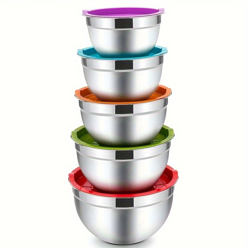 

5pcs, Mixing Bowls With Colored Lids, Stainless Steel Mixing Bowls, Metal Nesting Bowls With Sealed Lids For Cooking, Baking, Serving And Storage, Food Container, Tableware Set