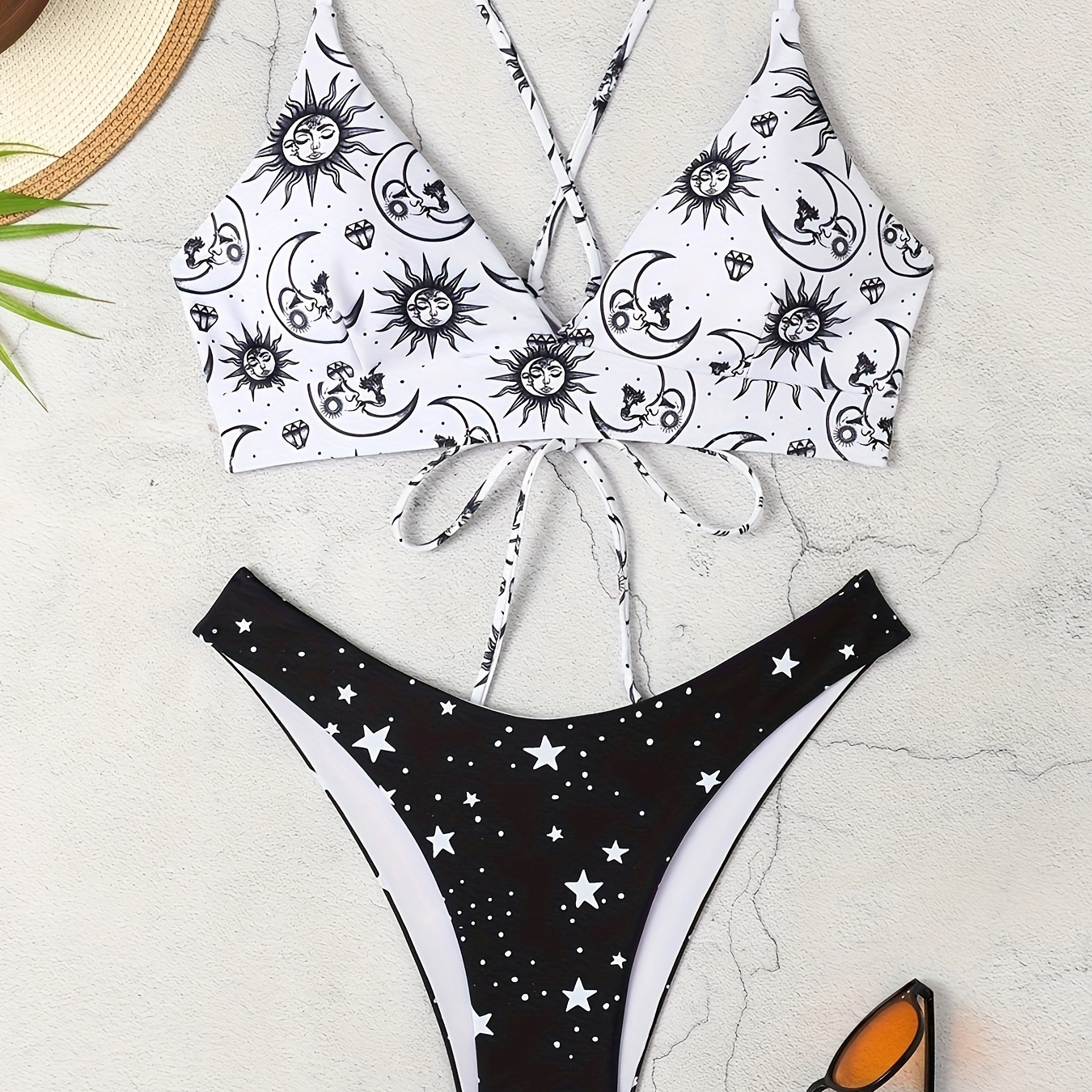 

Moon Sun & Star Print Criss Cross 2 Piece Set Bikini, V Neck Spaghetti Strap High Stretch Black & White Swimsuits, Women's Swimwear & Clothing