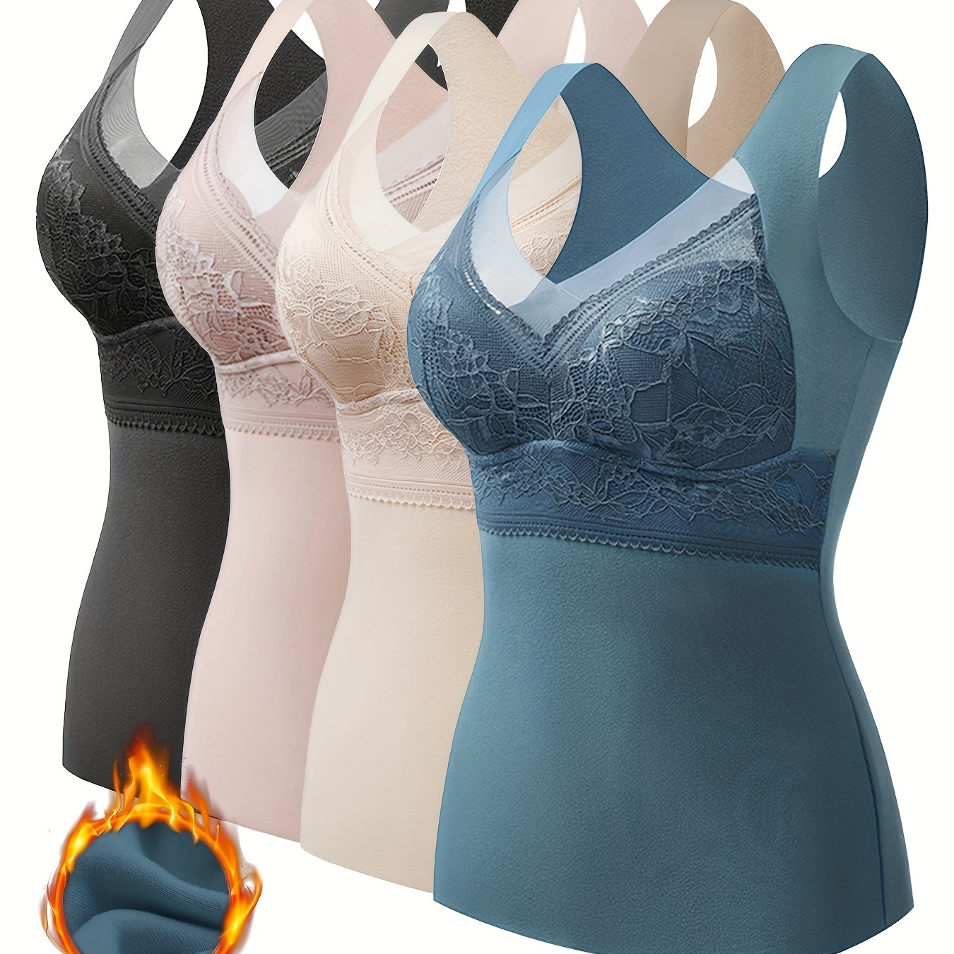 

A Set Of Four, Autumn And Winter Styles, Thermal Underwear, , Thickened, Plush Lined, Build-in Bra, Camisole, One-piece Design, To Wear , Wire-free, Seamless, Lace Trim