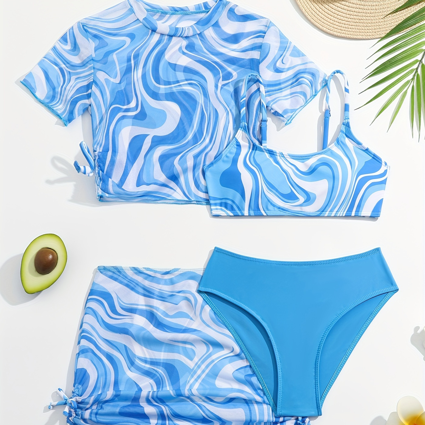 

4-piece Swimsuit Girl's Ocean Waves Print Bikini Set, Mesh Cover-up Top + Skirt Swimwear Set, Pool/beach Swimming Bathing Suits