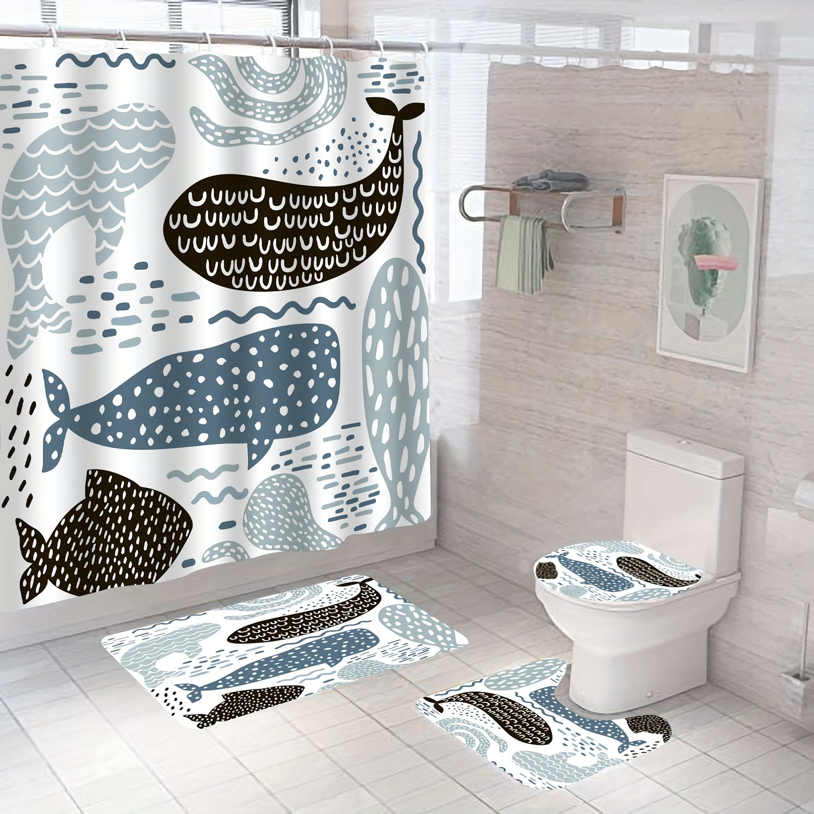 

Whale Pattern Shower Curtain Set - Cartoon Animal Ocean Theme, All-season Water-resistant Polyester Bathroom Decor With Non-slip Bath Mat, Toilet Cover, Rug, And 12 Free Hooks - Machine Washable