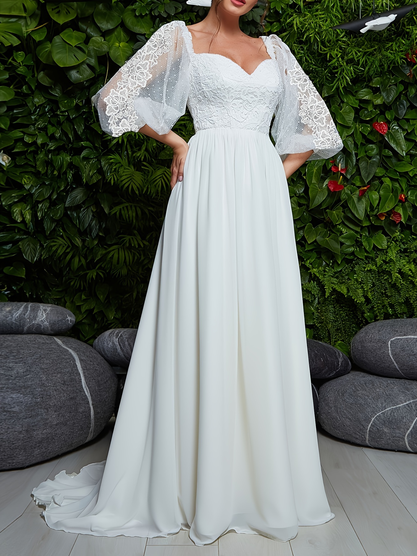 Lace Applique Mopping Wedding Dress, Elegant Sleeveless Crew Neck Split  Thigh Dress For Wedding Party, Women's Clothing