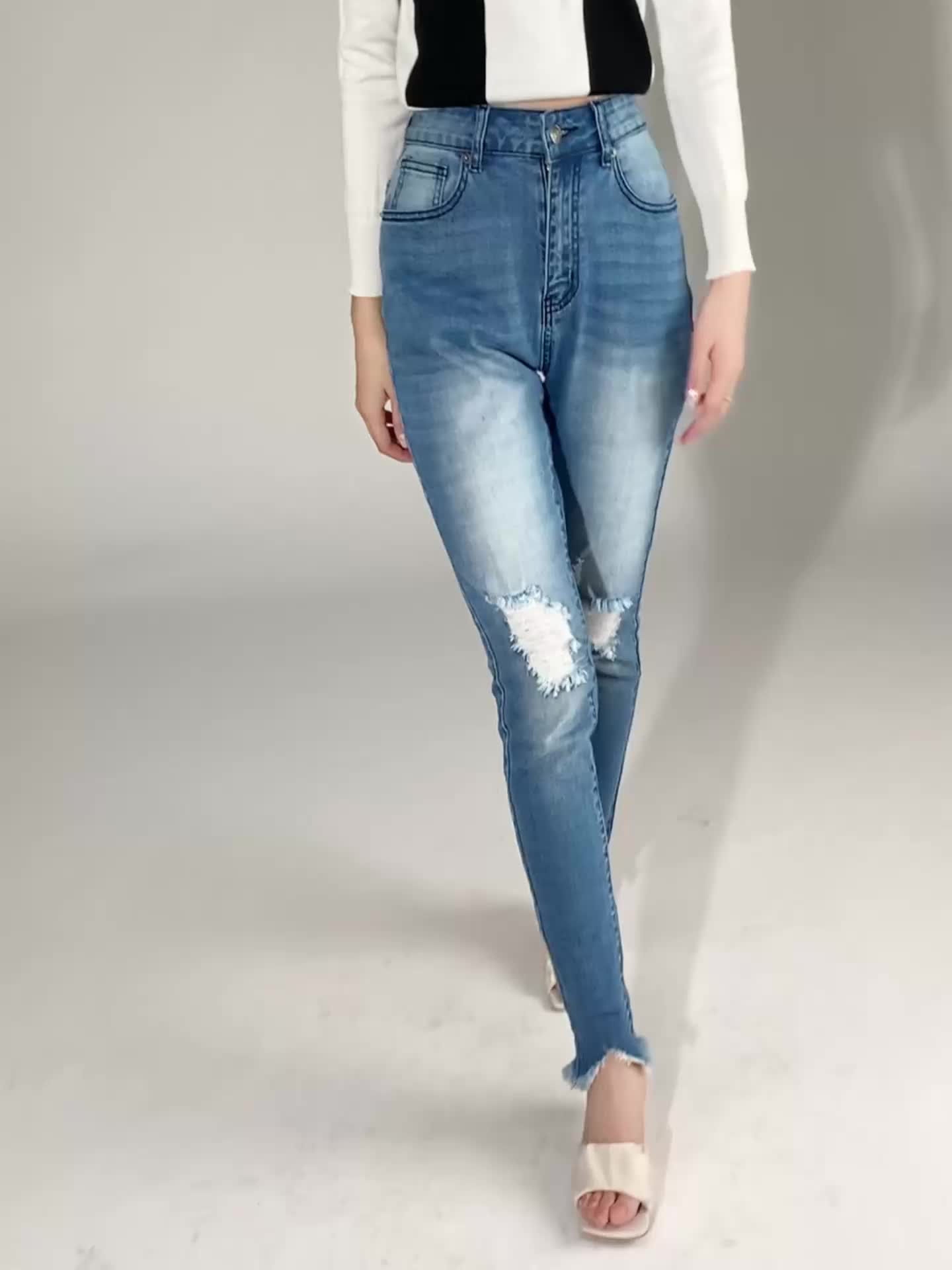 High Ripped Knee Stacked Jeans Hem Distressed Light - Temu