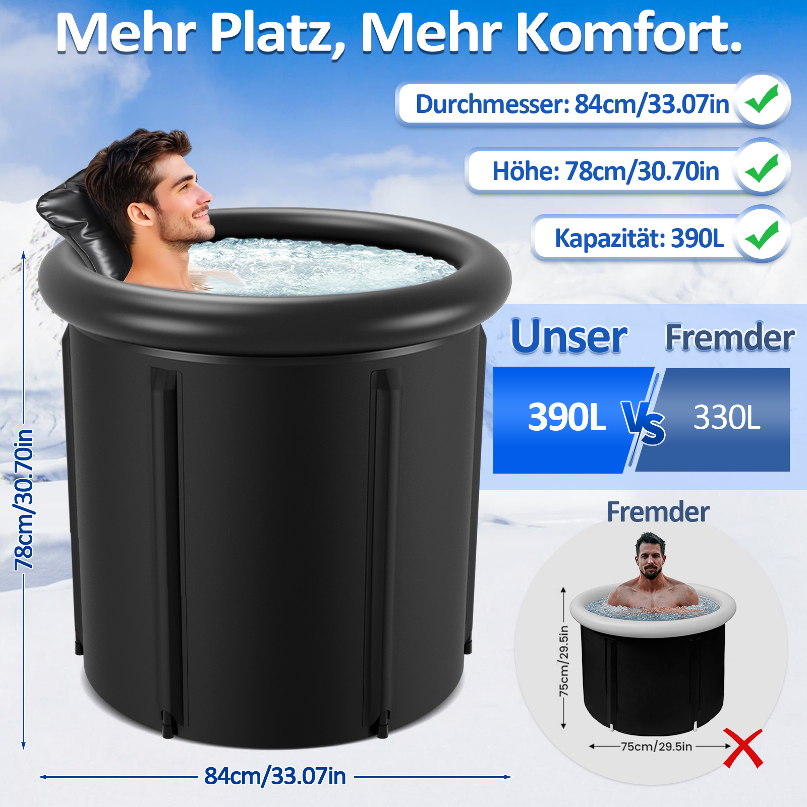 Image of Ice Bath Tub 84 X 78 Cm For Adults, Inflatable Ice Bath Tub With 5 Insulation, Cover, Thermometer, And Cushion, Foldable Ice Bath For Home And Outdoor Recovery
