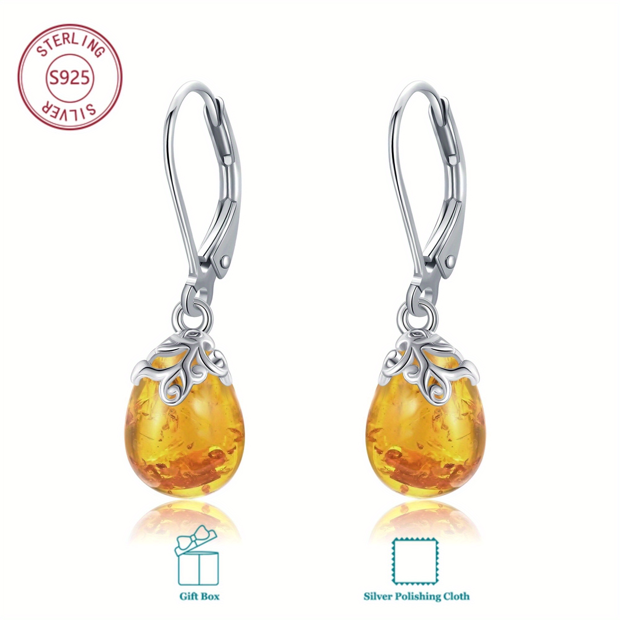 S925 Sterling Silvery Amber Earrings Daily Wear For Men And Women Birthday Gift Suitable For Christmas Gift