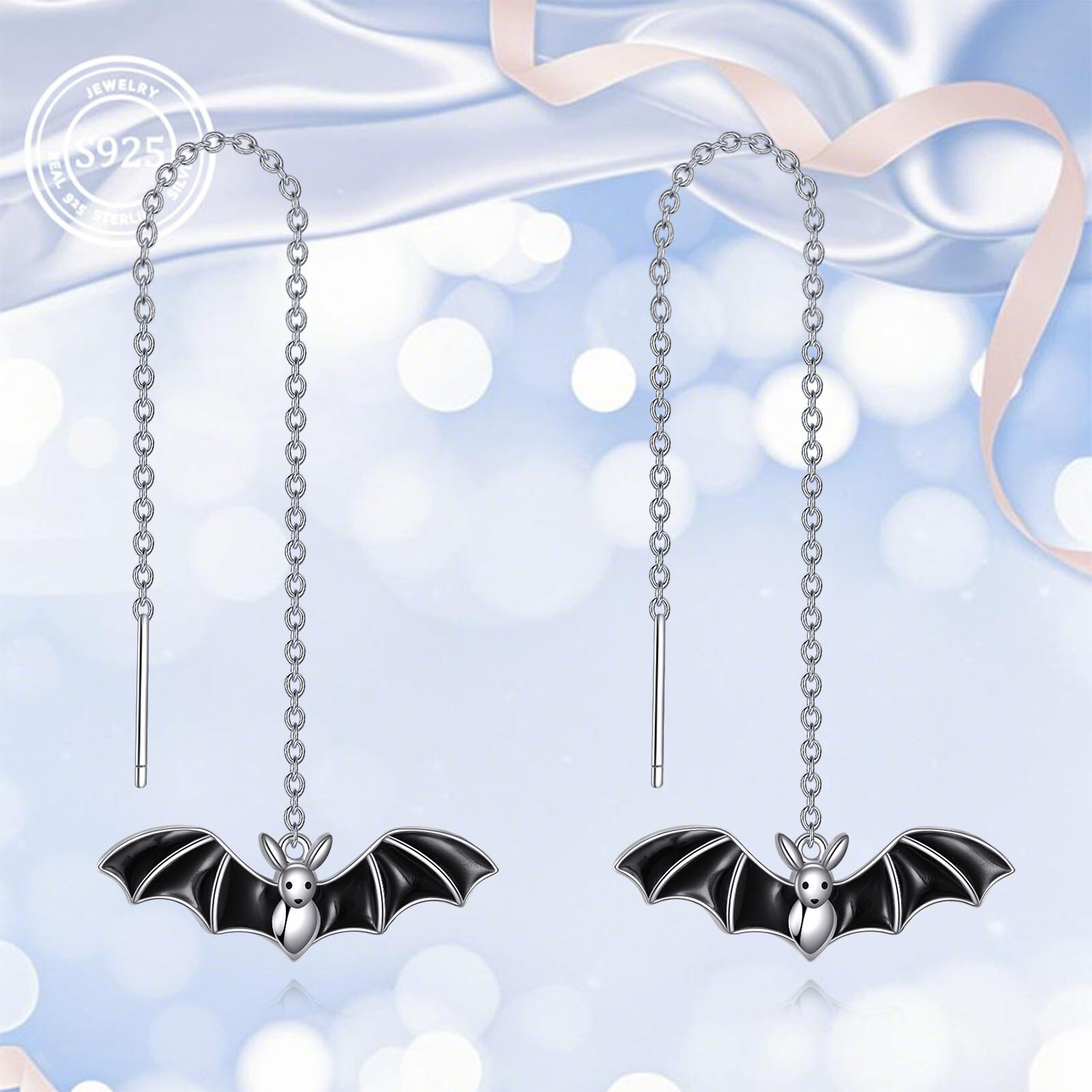 Halloween Bat Threader Earrings in 925 Sterling Silver