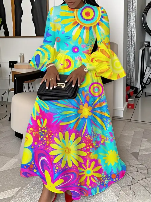 long flare sleeve maxi dress in orange abstract for party and casual wear | Today's Deals | Temu long flare sleeve maxi dress in orange abstract for party and casual wear | Today's Deals | Temu
