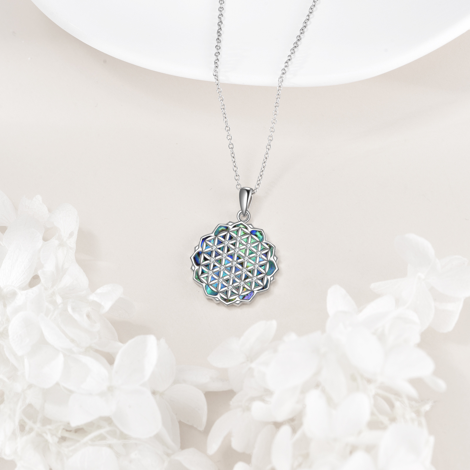 S925 Sterling Silver Flower of Life Necklace with Abalone Shell