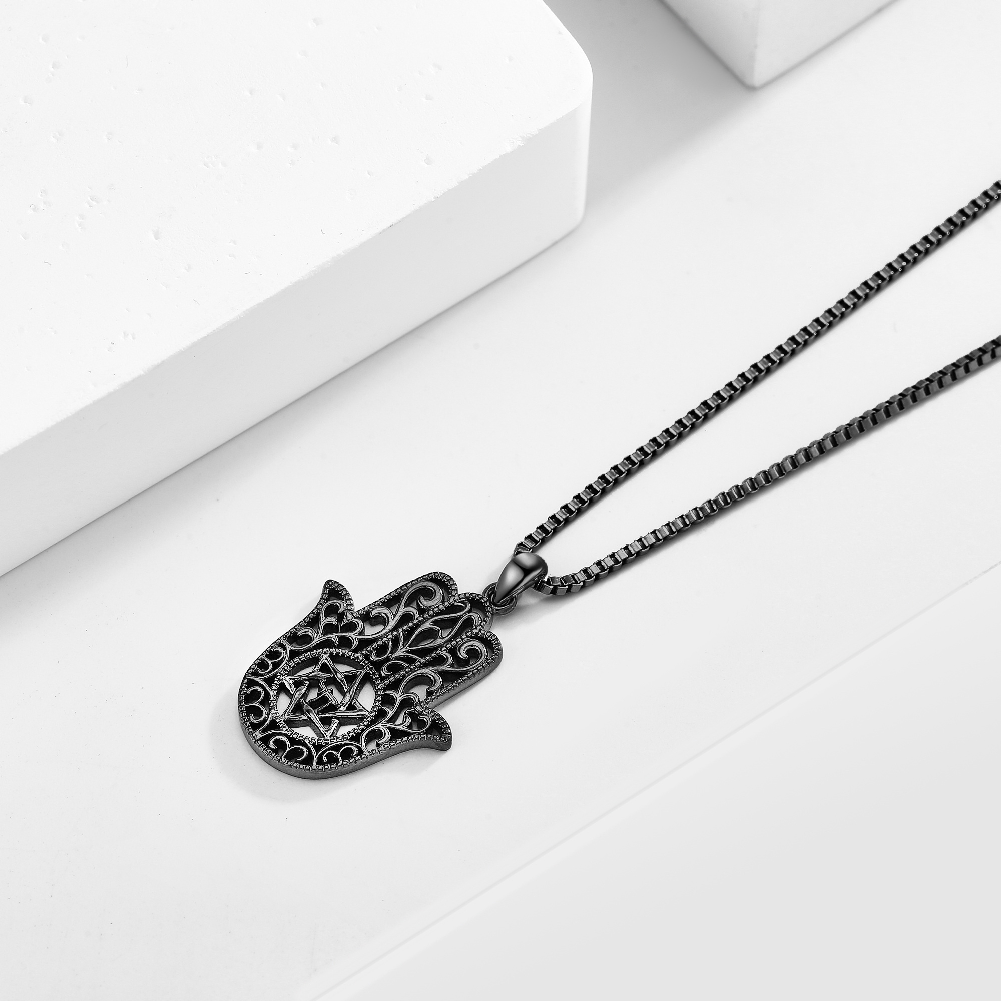 925 Sterling Silver Hamsa Necklace with Gun Black Plating