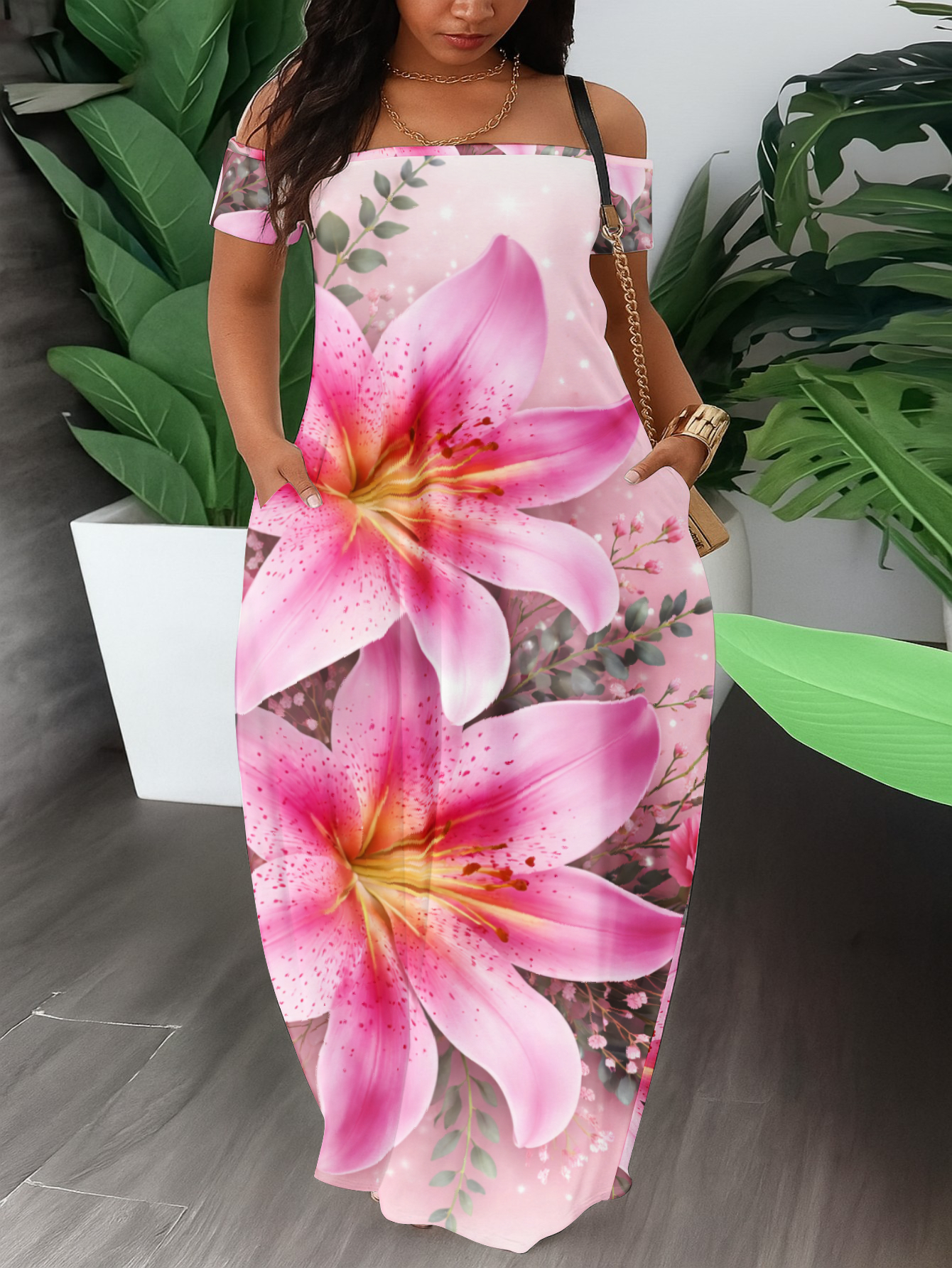 green emerald velvet dress Elegant Pink Orange Floral Print V-Neck Back Tie-Up Layered Ruffle Midi  Dress