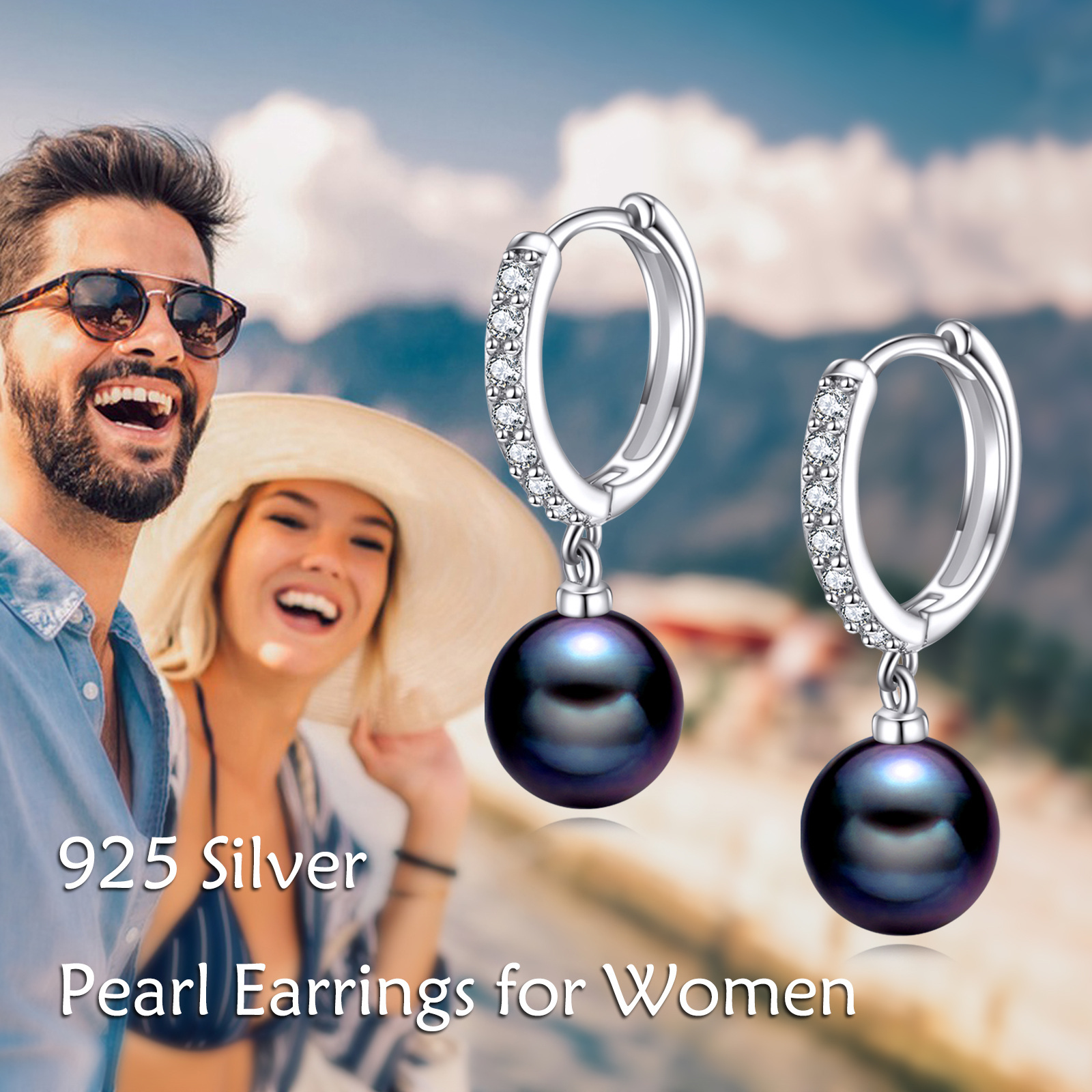 925 sterling   synthetic pearl hoop earrings dangle drop jewelry gifts for women black synthetic pearl cz Product details 0