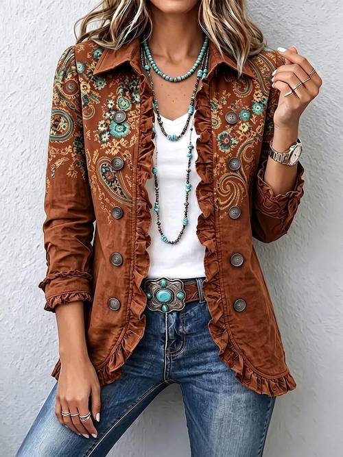 women ruffle trim button front long sleeve cardigan draped collared drop shoulder casual layered outercoat for spring autumn