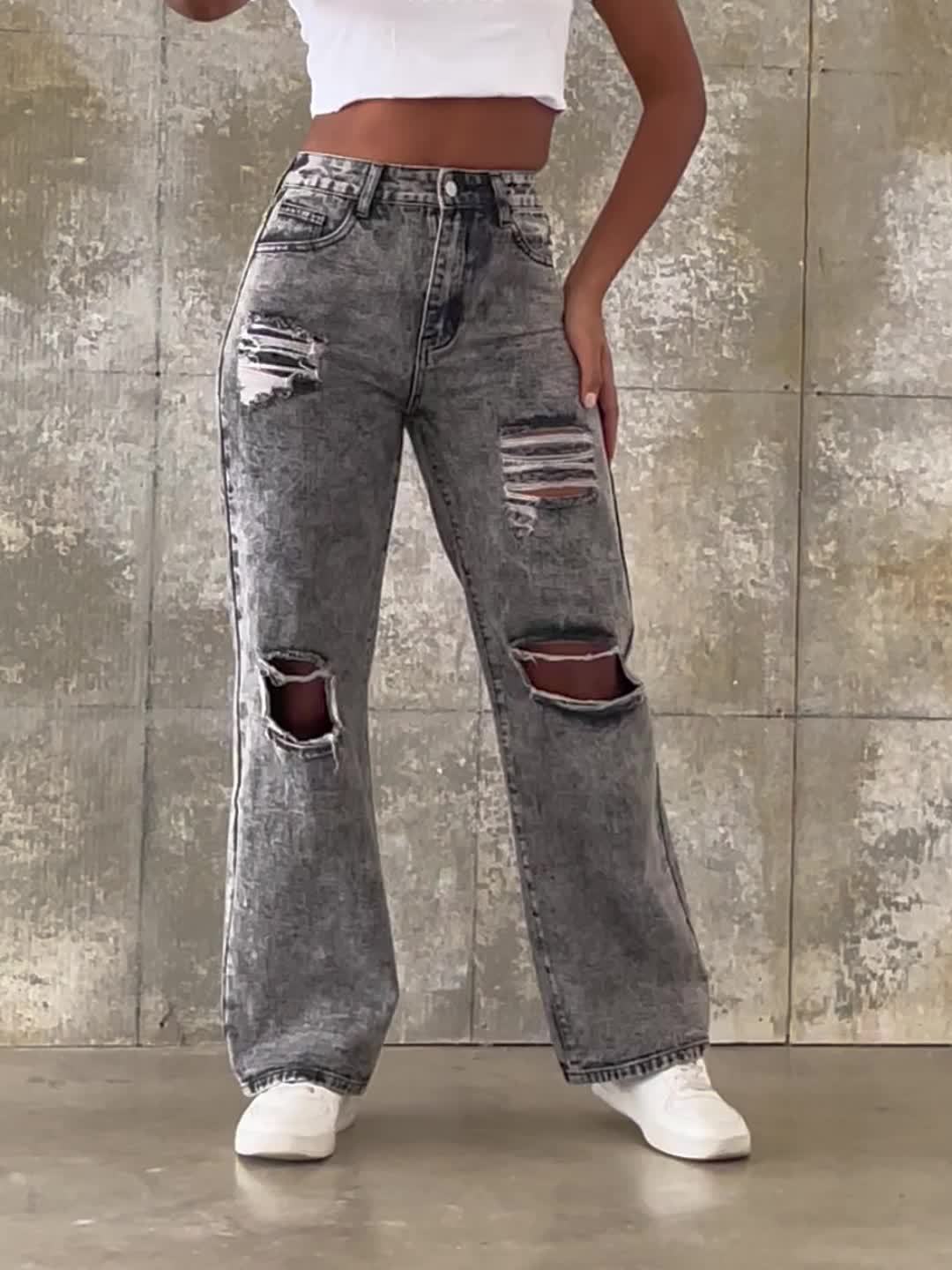 Women's Ripped Jeans Stretchy High Waisted Straight Wide Leg Denim